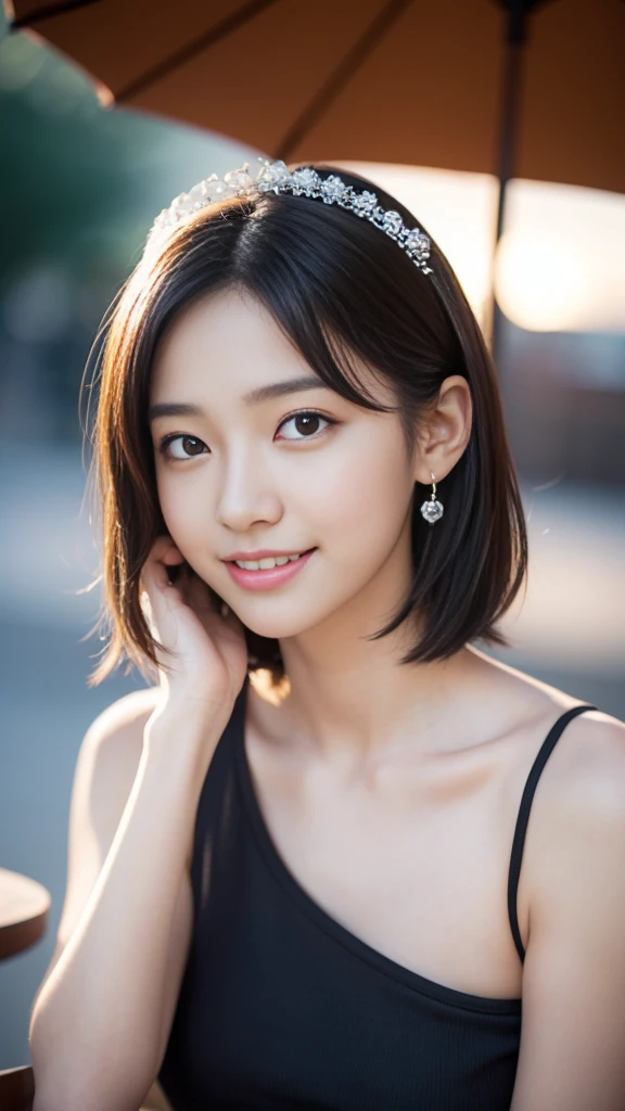 最high quality, table top, high resolution,24 years old wearing white camisole, 1 girl,very beautiful face,(very beautiful face의 초고화질 이미지)(black camisole)headdress,, gemstone diamond,realistic, New York's Night View、blurred background、,full body image,(high definition skin:1.2),Looking at the camera with a smile on his face,full body image 8K UHD, digital single-lens reflex camera, In the soft, bright sunlight,high quality, volume lighting, candid, picture, high resolution,full body image,4K、Japanese university students、a sloppy smile、stand up straight、((((상반신 picture)))),One,Short hair style、camisole