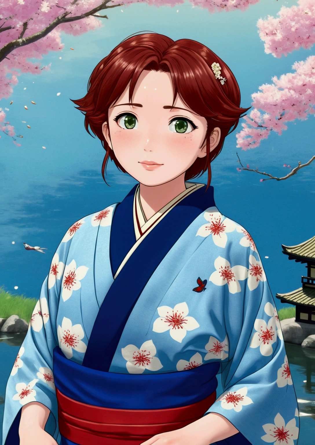 A beautiful young girl, Momoe Sawaki, with delicate facial features, long eyelashes, rosy lips, and an elegant expression, wearing an intricate traditional Japanese kimono, surrounded by a serene Japanese garden landscape with cherry blossoms, pagodas, and a tranquil pond, (best quality,4k,8k,highres,masterpiece:1.2),ultra-detailed,(realistic,photorealistic,photo-realistic:1.37),digital art, highly detailed, hyper realistic, award winning, studio ghibli style, warm color palette, dramatic lighting, cinematic composition