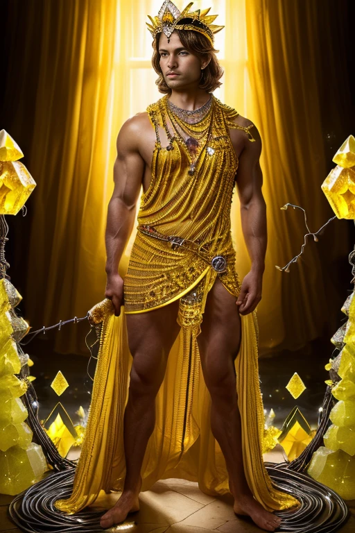 Quarter body photorealistic (Masterpiece), (Best quality), Extremely detailed, illustration,  Handsome hunky masculine male model.(( (Yellow crystals:1.5),(Wear crystal headdress),(made up of wires and yellow citrine sparkling jewel )(silk dresses),High chiaroscuro,(full bodyesbian:1.5).. standing on the magic circle..