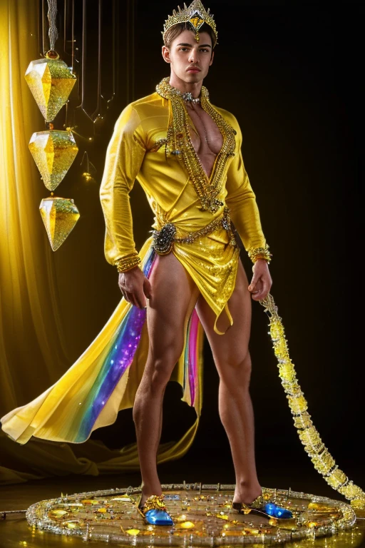 Quarter body photorealistic (Masterpiece), (Best quality), Extremely detailed, illustration,  Handsome hunky masculine male model.(( (Yellow crystals:1.5),(Wear crystal headdress),(made up of wires and yellow citrine sparkling jewel )(silk dresses),High chiaroscuro,(full bodyesbian:1.5).. standing on the magic circle..