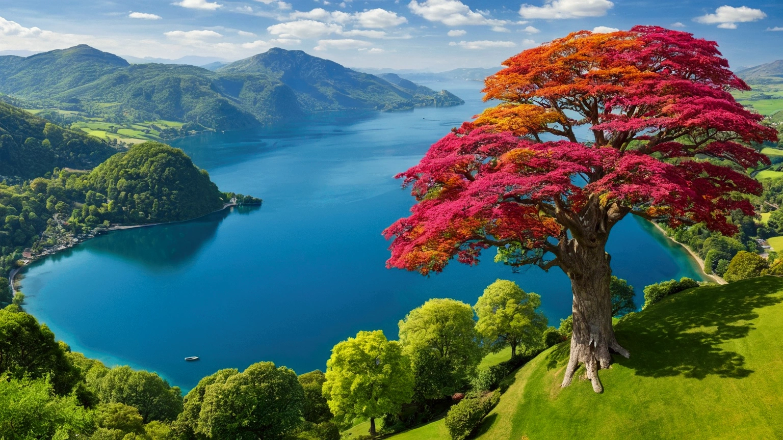 trees that reach the heavens, vibrant colors, The Garden of Eden, beautiful perfection, in perceivable beauty, the first place on earth, lake, mountains, birds eye view, tree of knoledge