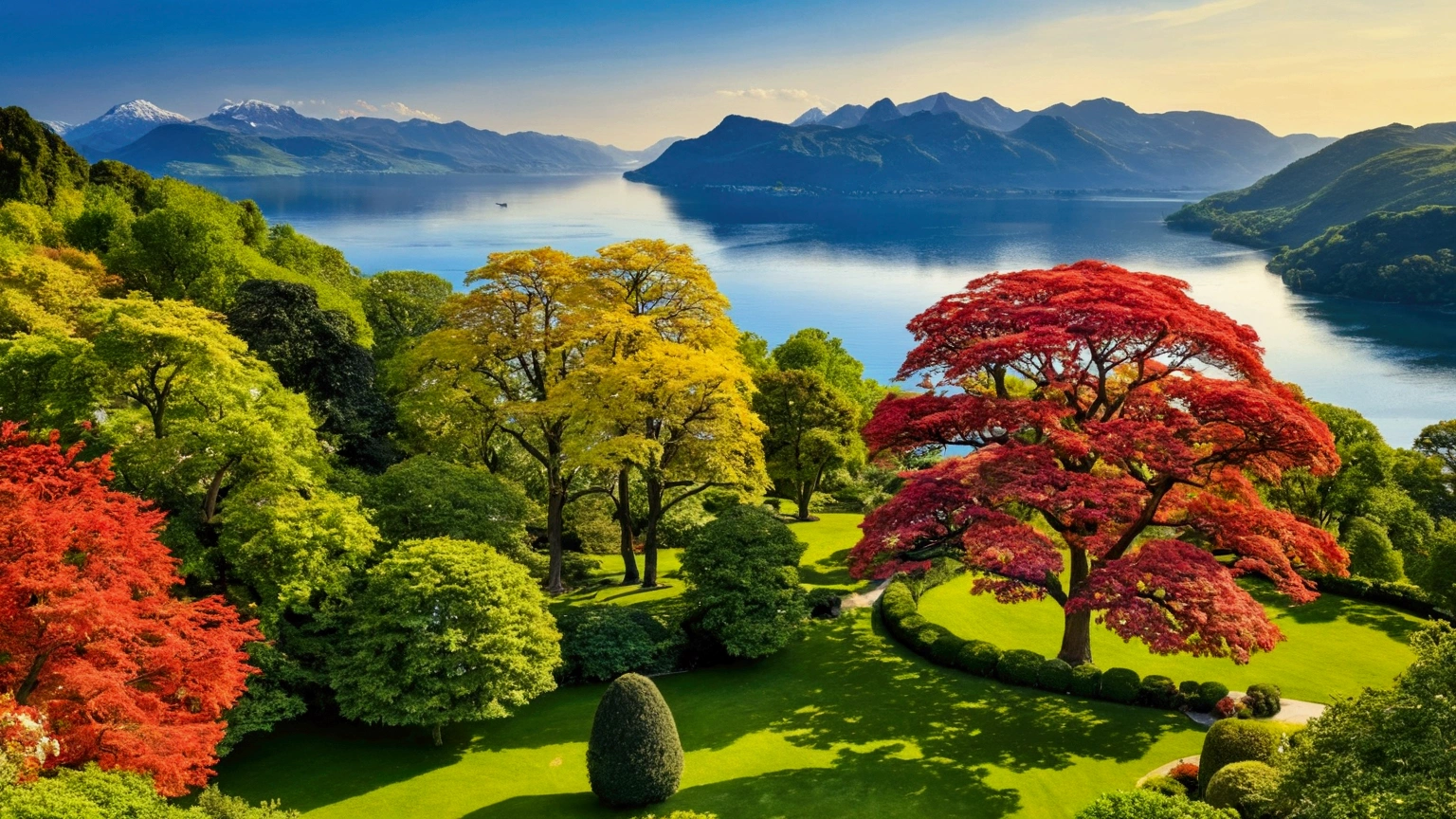 trees that reach the heavens, vibrant colors, The Garden of Eden, beautiful perfection, in perceivable beauty, the first place on earth, lake, mountains, birds eye view, tree of knoledge