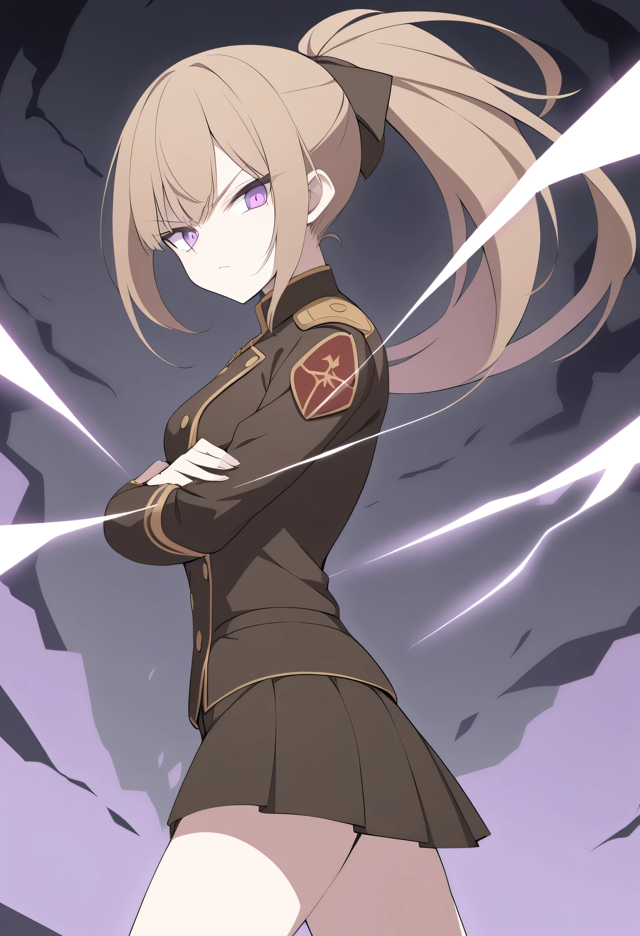 Illustrate a full-body anime girl with long, flowing brown  in a ponytail hair, side view, her arm crossed while glaring at the viewer wearing a military uniform with fold buttons and a combat skirt, styled in a way that accentuates her strength and commanding presence. The character should have sharp,  violet determined eyes and a serious expression.