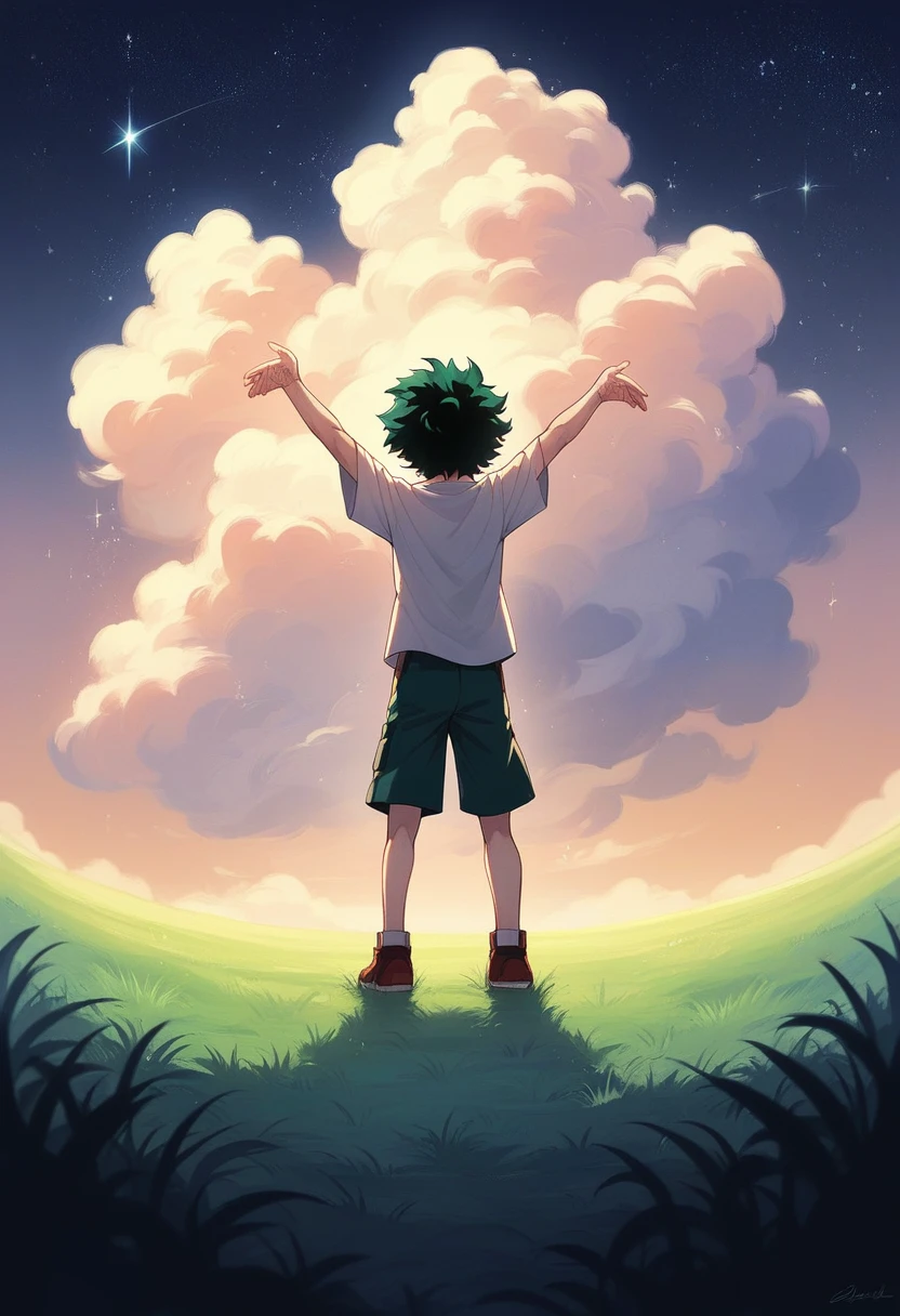Izuku Midoriya from My Hero Academia, gazing up at a mesmerizing starry night sky, anime style, full-body shot, Midoriya's green hair and freckles visible, wearing his casual clothes, standing on a grassy hill, Milky Way stretching across the sky, brilliant constellations, soft moonlight illuminating his awestruck expression, peaceful and wonder-filled atmosphere