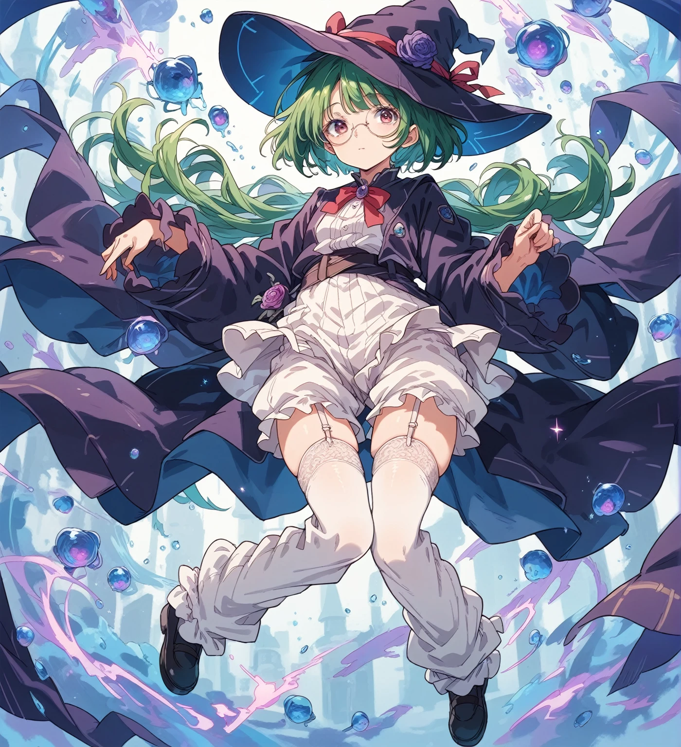 A large witch's hat with a wide frill and a purple rose decoration, a robe with the Duke's coat of arms on the sleeve, a cream-colored blouse, a winered ribbon tie, a high-waisted skirt, loose pants,bloomers,garter stockings, and pumps. Curly short cut, green hair, large round glasses (Zero gravity,Weightless, floating in the air holding my knees)