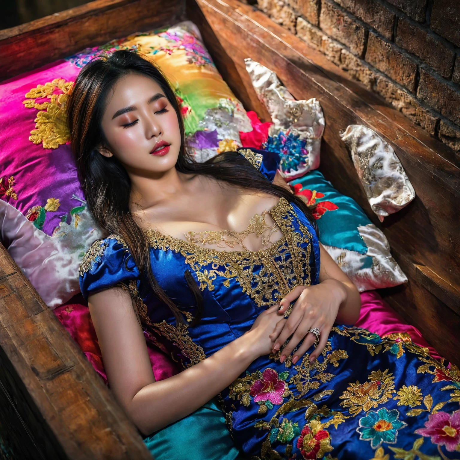 In a striking 8K HDR scene, a stunning Korean woman, 22 years old, lies peacefully in a colorful coffin surrounded by plush pillows. The deep box is set against a rich black background, accentuating the beauty of the subject. Her exquisite kebaya with sleeve attire is embroidered with superb detail, showcasing her round and firm breasts, perfect cleavage, and beautiful eyebrows. Her closed eyes and mouth give an air of serenity, while her visible and absolute cleavage leave nothing to imagination. The scene is bathed in saturated colors, highlighting every intricate aspect from the ball skirt to her clean face, straight body, detailed hand perfect hands, straight body.