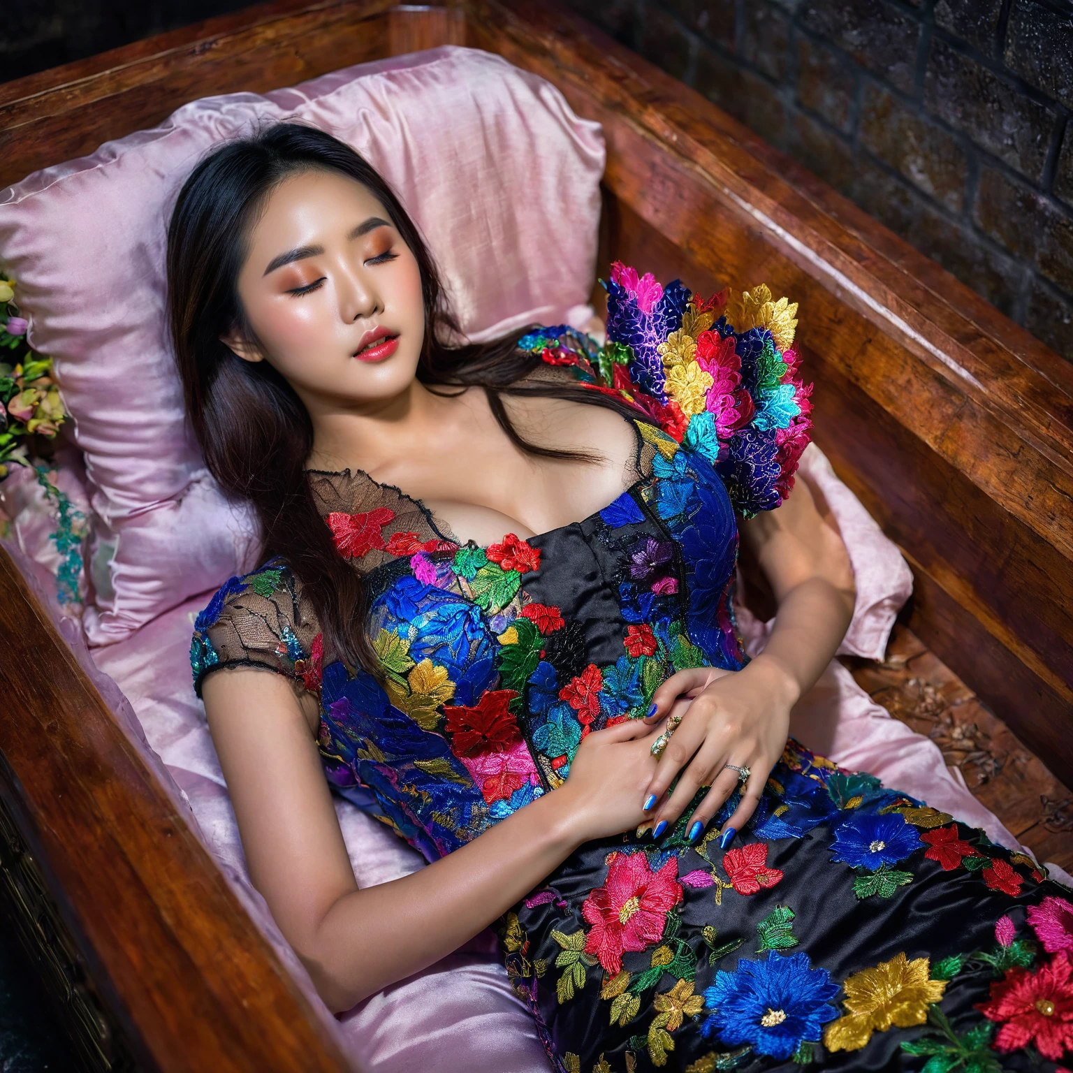 In a striking 8K HDR scene, a stunning Korean woman, 22 years old, lies peacefully in a colorful coffin surrounded by plush pillows. The deep box is set against a rich black background, accentuating the beauty of the subject. Her exquisite kebaya with sleeve attire is embroidered with superb detail, showcasing her round and firm breasts, perfect cleavage, and beautiful eyebrows. Her closed eyes and mouth give an air of serenity, while her visible and absolute cleavage leave nothing to imagination. The scene is bathed in saturated colors, highlighting every intricate aspect from the ball skirt to her clean face, straight body, detailed hand perfect hands, straight body.