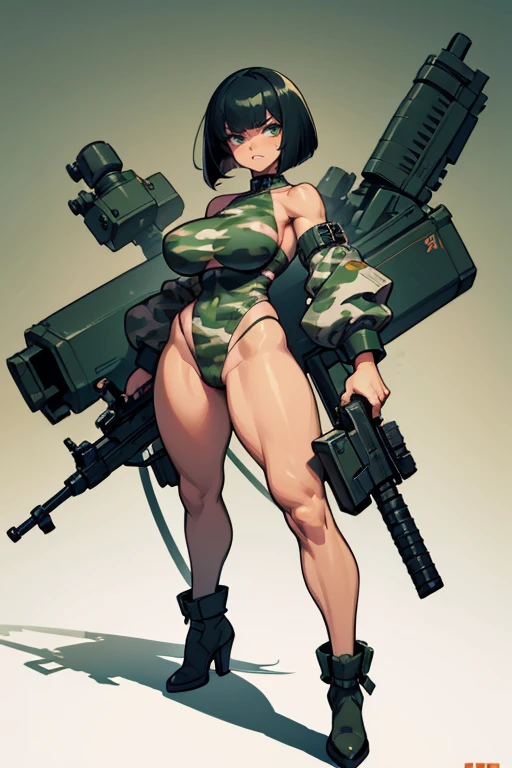 Cuberpunk, thick hips, thick thighs, combat heels, bandeau top, high cut leotard, huge breast, thin waist, bob cut hair, weapon, tanned skin, gun, angry look, military camouflage, scream, muscle, thick body,