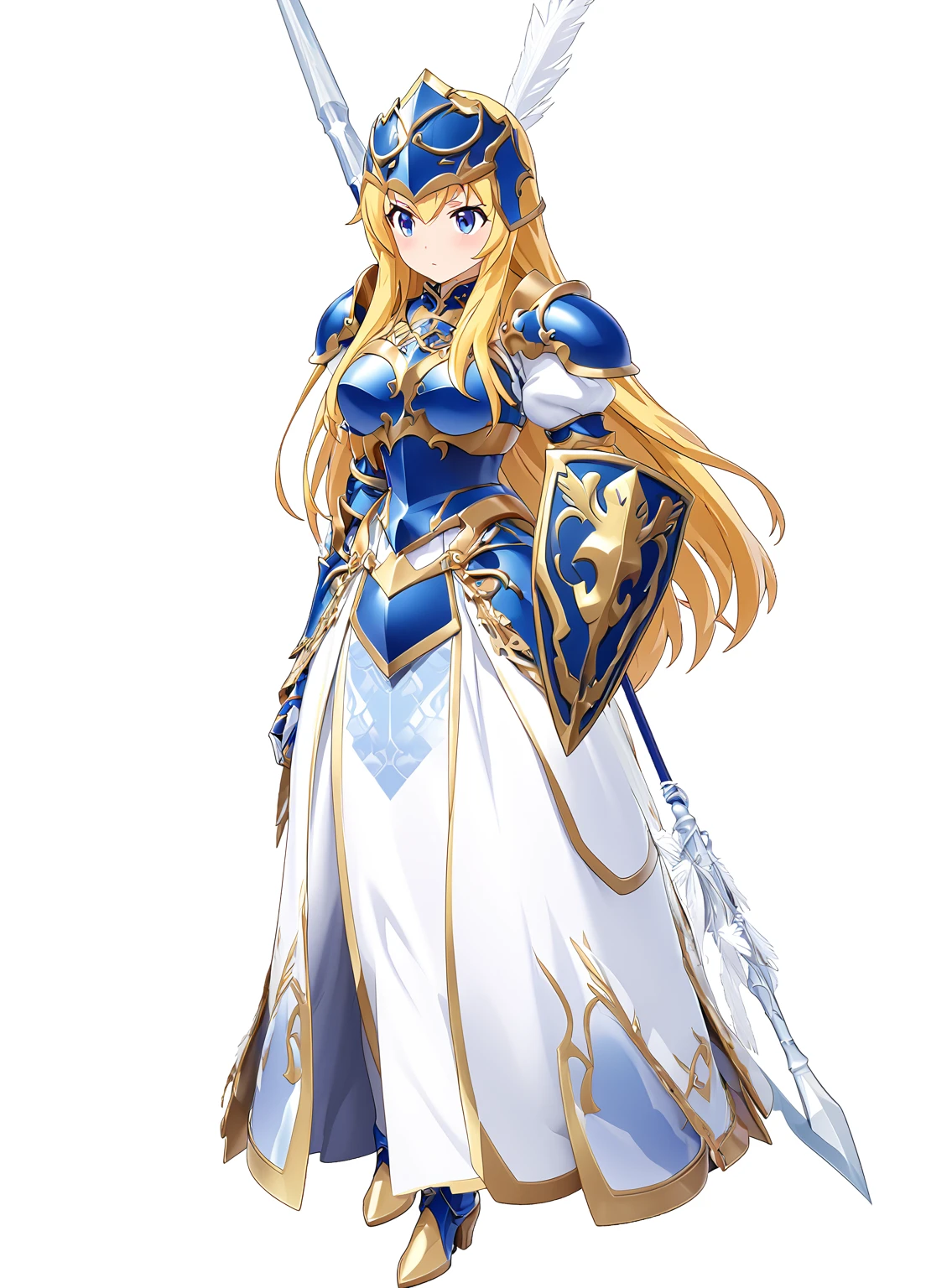 Highest quality, high resolution, High quality game art style, whole body,Valkyrie,Official Art, Smooth game CG art,Cute 3D anime girl render, Visual Novel Sprites, White background,Smooth game CG art, (((Woman with a long spear))),A woman wearing a white dress and blue armor, An intricately designed helmet with white feathers,Small shield, (((Has an exquisite long spear))),Exquisite Blue Armor,Golden Hair, long hair, female knight, Rin々Shii,Don't like to think,Large Bust,17 years old,