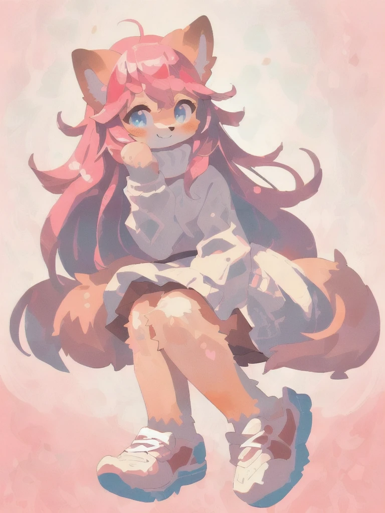 full body, white sweater, long brown skirt, long hair, pink fur, pink hair, (white background:1.3), sneakers, looking at viewer, sitting, smile, blue eyes, (best quality, masterpiece, illustration, ultra-detailed:1.3), (uploaded on e621, furry, anthro, kemono:1.3)