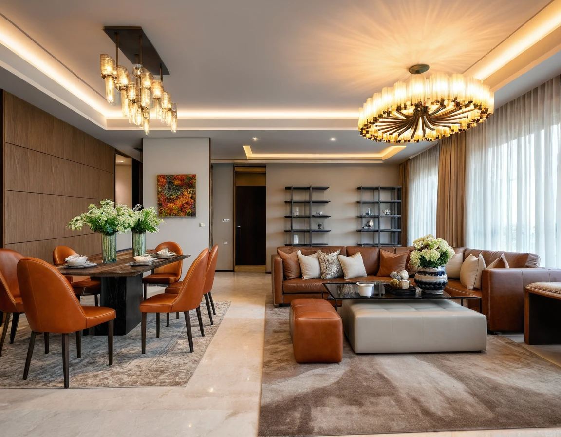 Raw photo, Masterpiece, high quality, best quality, authentic, super detail, indoors, (living room luxury modern style), sofa, table coffee, (a rug in sofa place), dining table, brown leather chairs, flower vases, shelves, curtain walls, oil paintings, windows, ceiling lights, (chandeliers), dim light, (vivid color)
