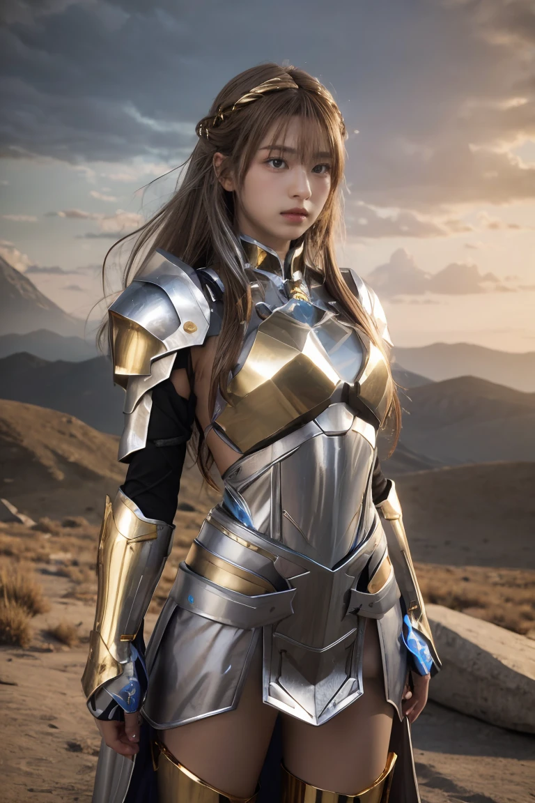 ((masterpiece, best quality, extremely detailed), volumetric lighting, ambient occlusion, colorful, glowing), 1girl, solo, young girl, (dark hair), long hair, halo, aura, sacred, goddess, cleric suit, (silver outfit with gold detailst:1.3), armor, outdoors, sunset, sky, clouds, space, (fantasy theme:1.2),