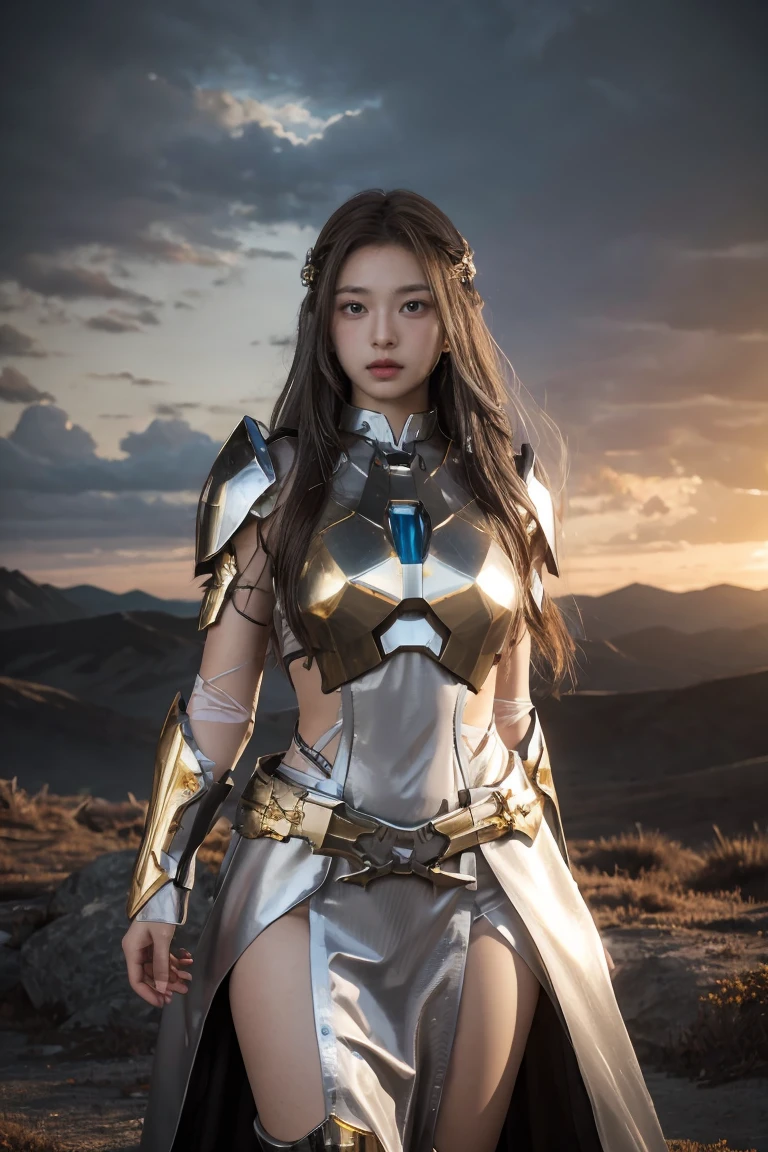 ((masterpiece, best quality, extremely detailed), volumetric lighting, ambient occlusion, colorful, glowing), 1girl, solo, young girl, (dark hair), long hair, halo, aura, sacred, goddess, cleric suit, (silver outfit with gold detailst:1.3), armor, outdoors, sunset, sky, clouds, space, (fantasy theme:1.2),