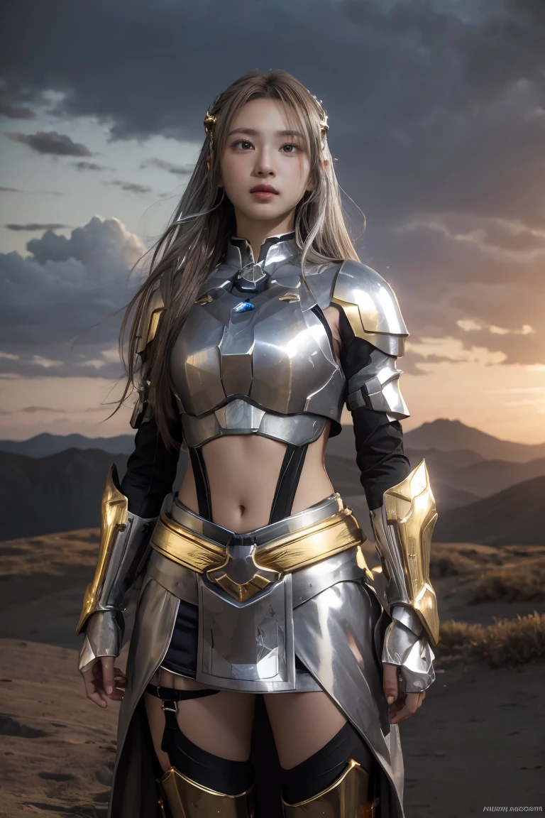 ((masterpiece, best quality, extremely detailed), volumetric lighting, ambient occlusion, colorful, glowing), 1girl, solo, young girl, (dark hair), long hair, halo, aura, sacred, goddess, cleric suit, (silver outfit with gold detailst:1.3), armor, outdoors, sunset, sky, clouds, space, (fantasy theme:1.2),