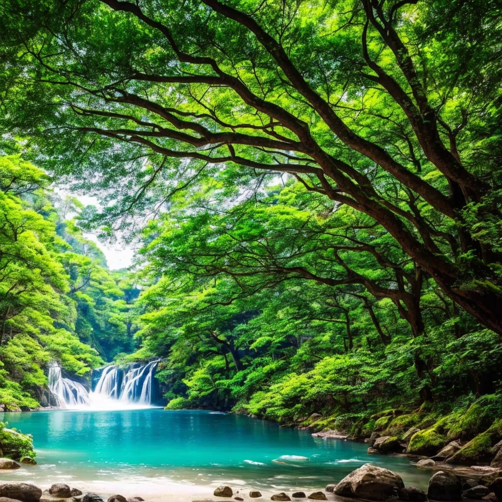 南mysteriousな超巨大なトンネルの中に森がある,There is a huge tree,Different world,The sunlight from the sun shines on the earth,Colorful,Best Quality,8K,mysterious,Fantasy,Different space,There is a super huge waterfall,There are many different creatures,Nature,romantic,A world beyond imagination,Dream world,universe,Huge river,masterpiece,最高masterpiece,perfection