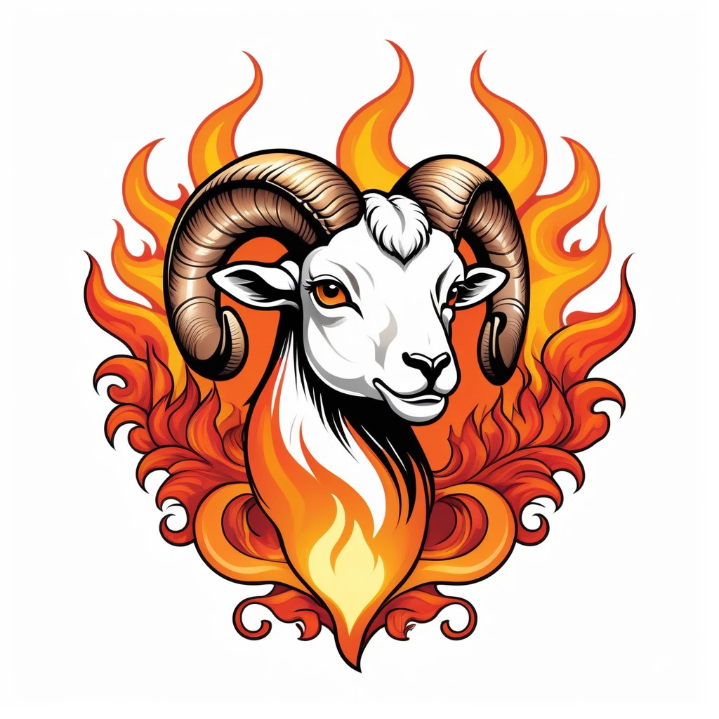 Aries ram emerging from flames, neo-traditional tattoo art, passionate and dynamic, fiery backlight glow, bold outlines with color fill, vibrant oranges and reds, large back design with small front logo, distressed ink look, alternative streetwear culture, T-shirt design graphic, vector, contour, white background