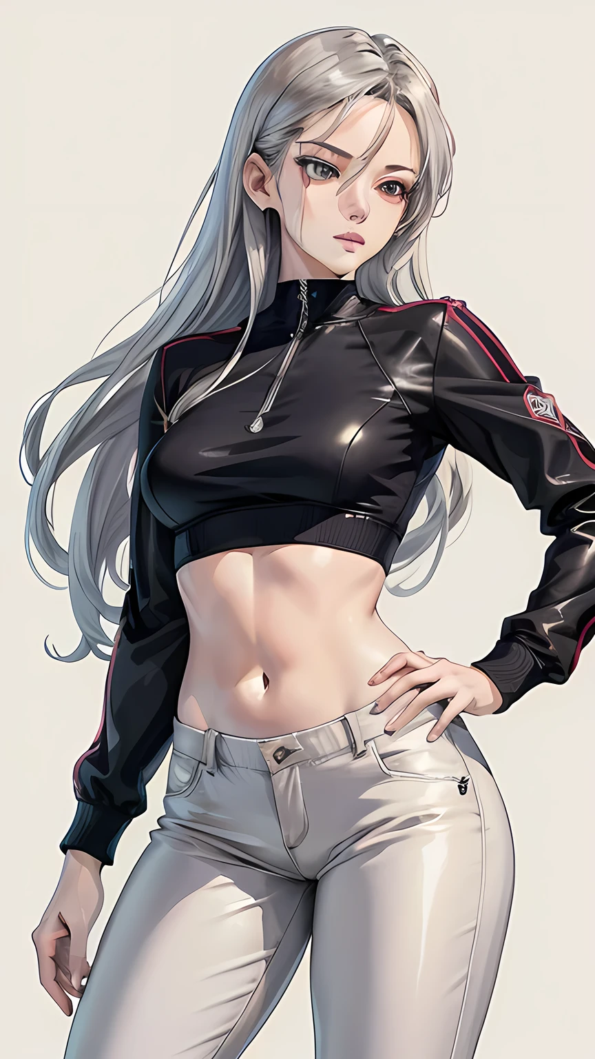 beautiful young female warrior fighter with cat ears on her head, com rosto bem detalhado e bonito, belos olhos, belos olhos, rosto lindo, beautiful young woman wearing long brown leggings with black details, sueter apertado branco, standing in a castle, usando bota preta, cabelo comprido com franja preto, ,orelhas de gato, belo sorriso, tomboy, um pouco musculosa,suter branco com cinta em volta, olhar serio,usando jaqueta de couro apertado preto, com ombreiras de prata nos ombros