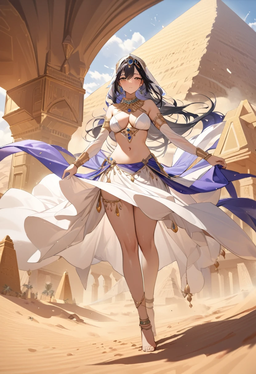 best quality, super fine, 16k, incredibly absurdres, extremely detailed, 2.5D, delicate and dynamic depiction, desert princess, arabian royal dress and accessories, desert, pyramid, sandstorm effect