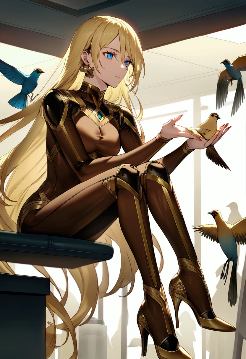(masculine, man) (solo un modelo masculine )(android) (blonde hair that reaches to the heels) (Blue eyes) (Slim and toned body) (She wears a tight brown bodysuit with gold details.) (laboratory background) (holding a bird in his hands) (very long hair that reaches to the heels) (man android con pájaros alrededor) (sitting with birds around)