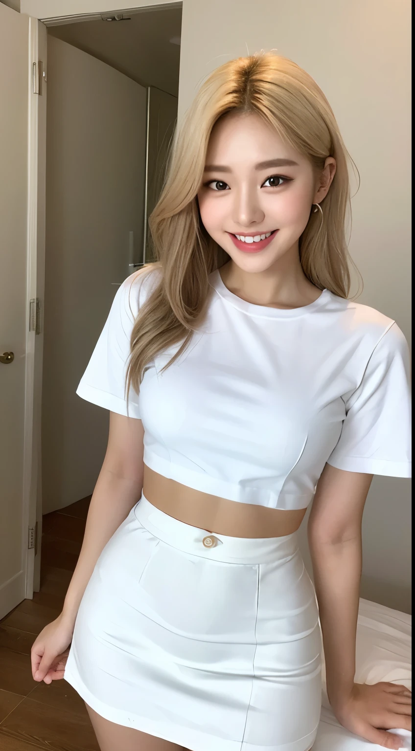 White tight shirt、White tight skinny mini skirt、bed、smile、Short sleeve、high resolution、Korean idol face、double eyelid、White teeth、Medium Hair