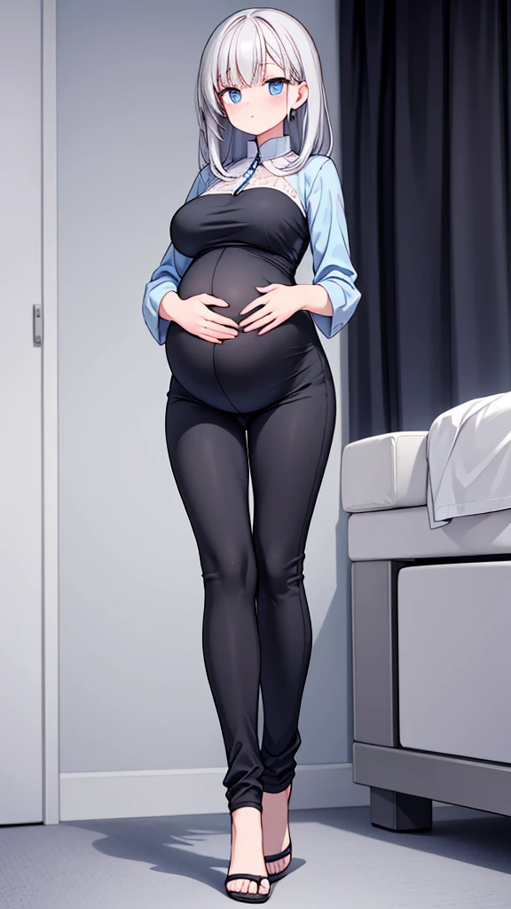 An image of a pregnant girl wearing a pair of comfortable yet stylish maternity pants and a blouse. The pants are a sleek black material, and the blouse is a soft and airy light blue fabric