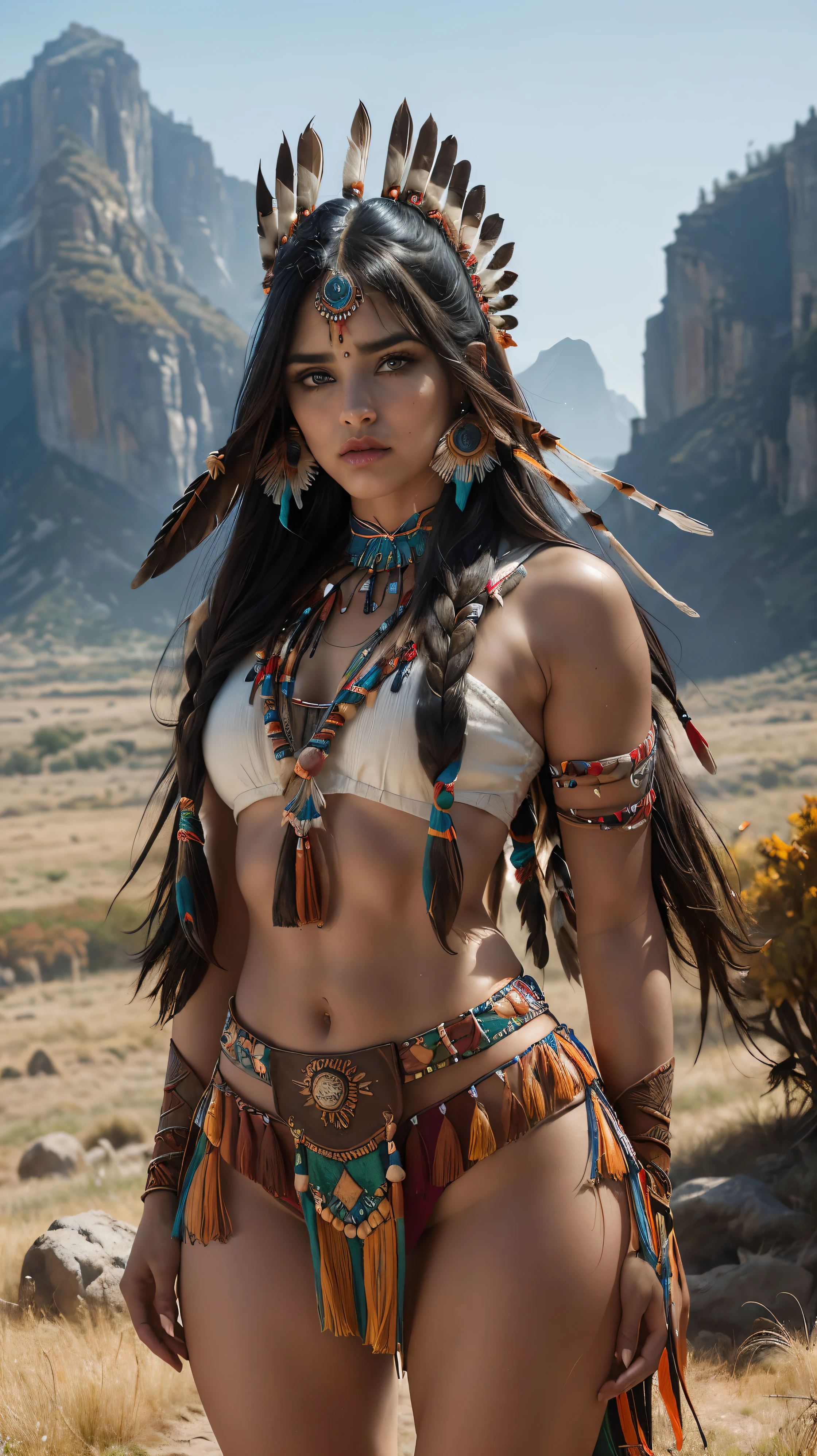 score_9, score_8_On top of that, score_7_On top of that, score_6_On top of that, Classification_Explicit, 1 girl, ((18 years:1.2)),(Best Quality,High resolution,Super detailed,Actual),Native Americanのアリアナ・グランデ,(Wild Indian Native American:1.4), Adult, Lip, Big bright eyes, Light blue eyes, ((By Rubio:1)), (cabello ondulado length trenzado nativo indio: 1.2), (female Native American:1.4) ,(Native Indian Feathers :1.4), (Facial details: 1.5, Bright Blue Eyes, Beautiful Face, Cute eyes, Iris Coating, labios Delgados: 1.5, Delgado, Pale, sharp eyebrows, length, Thick eyelashes, Double Tab),(Perfect hand detail : 1.4 ) , (Big leaves in the forest background :1.4), (Native American v2.1), (Native American:1.4), (fondo desierto casa Native American:1.4), (Dynamic cowboy pose),(( Beautiful American Indian Warrior:1.4), (Beautiful American Indian Warrior: v2.1)) , (Bright colors), (Big stone background:1.4 ), (Grassland Background :1.4), (It rains:1.4), (Autumn on the prairie :1.4), (vestidor Native American:1.4), (Showing panties:1.4), (リアルなv2.1), (Perfect Anatomy)