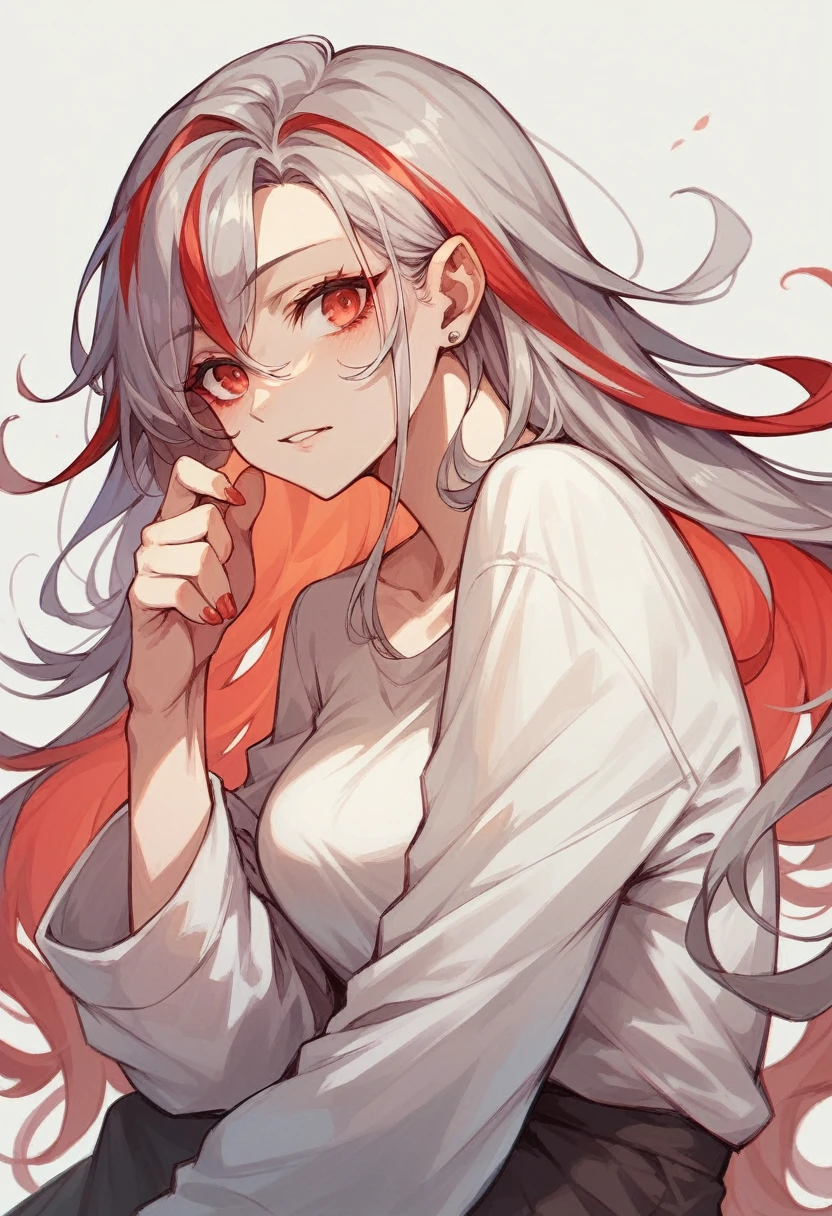 Long hair girl, wavy and silver with red highlights