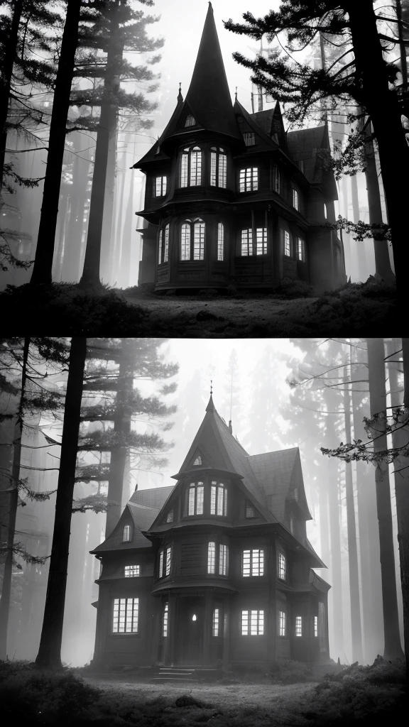 a dark mansion in a pine forest, moonlit night, dark silhouette of a figure, eerie atmosphere, sunshire lighting, detailed architectural elements, gloomy mood, dramatic shadows, photorealistic, cinematic, muted color palette, gothic, horror, mystery, monster, the real morden house, glass