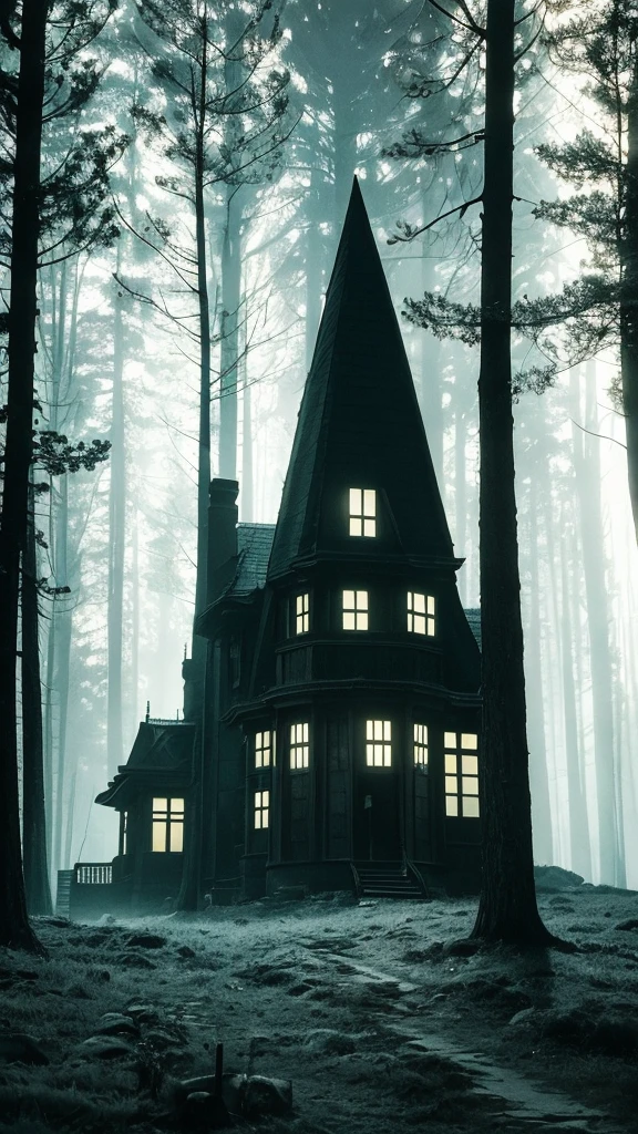 a dark mansion in a pine forest, moonlit night, dark silhouette of a figure, eerie atmosphere, sunshire lighting, detailed architectural elements, gloomy mood, dramatic shadows, photorealistic, cinematic, muted color palette, gothic, horror, mystery, monster, the real morden house, glass