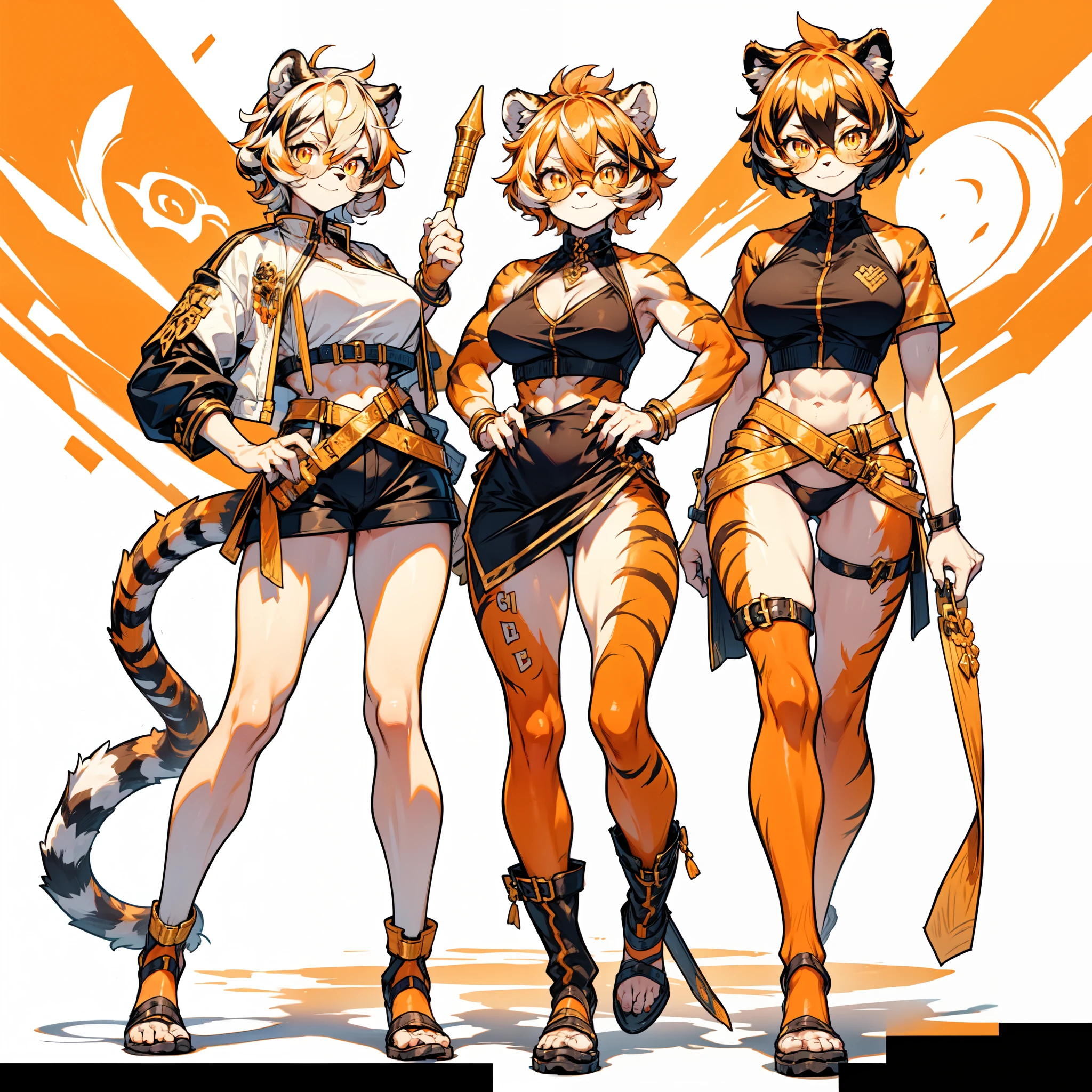 white background, full body, ((furry female:1.2)), Standing, animal ears, white hair, black hair, short hair, large breasts, muscle, tail, orange eyes, orange hair, multicolored hair, tiger girl, hair between eyes, tiger_ears, tiger_tail, orange-tinted_eyewear, tinted_eyewear, big breasts, evil smile, Shadows under feet, Abdominal muscles, (((Hooker outfit:1.2))), show body,Gold, lots of gold, gold ingots everywhere