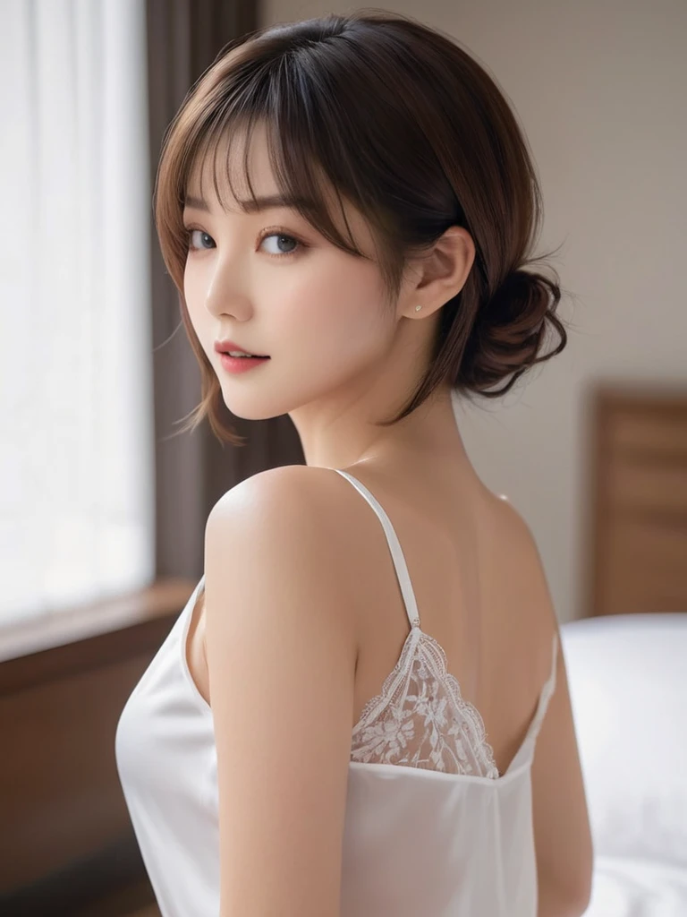 ((of the highest quality, 8K, masutepiece: 1.3, Raw photo)), Sharp Focus: 1.2, (1 AESPA Girl :1.1), Solo, (Realistic, Photorealistic: 1.37), (Face Focus: 1.1), Cute face, hyperdetailed face, short messy hair, Small Smile, slender, from behind, full nude, (Off-the-shoulder chiffon dress: 1.3), (sleeping pose: 1.1), bedroom, on the bed, flower, iris