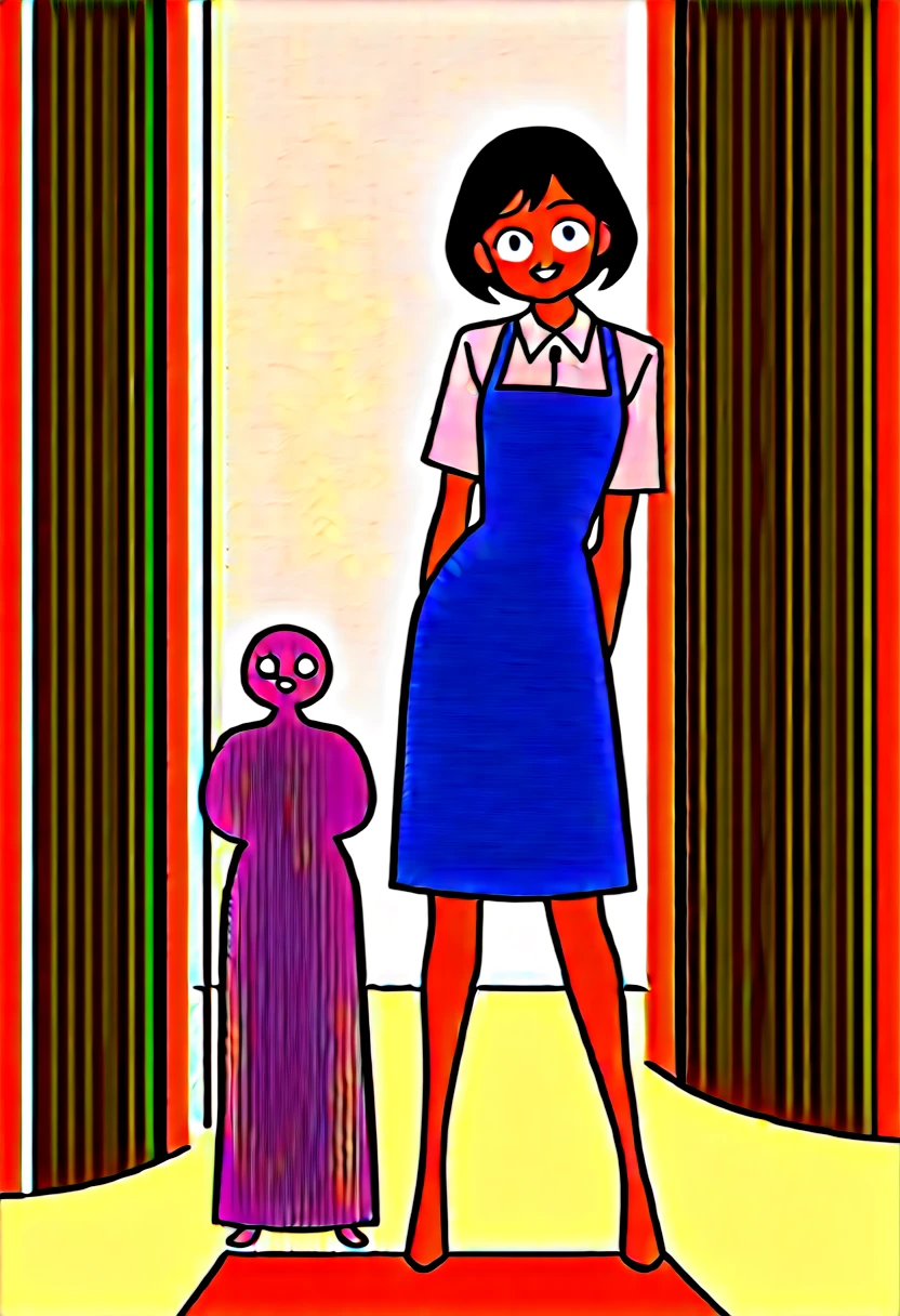 Japanese girl manga style、Simple and cute illustrations、Bright cafe interior、Smiling female store manager in the center(Short brown hair、Lightly rolled、A light-colored shirt with a casual apron)、Around it3People Employees(Mixed、Apron appearance)is standing、The social security attorney stands next to the manager.、Everyone looks happy