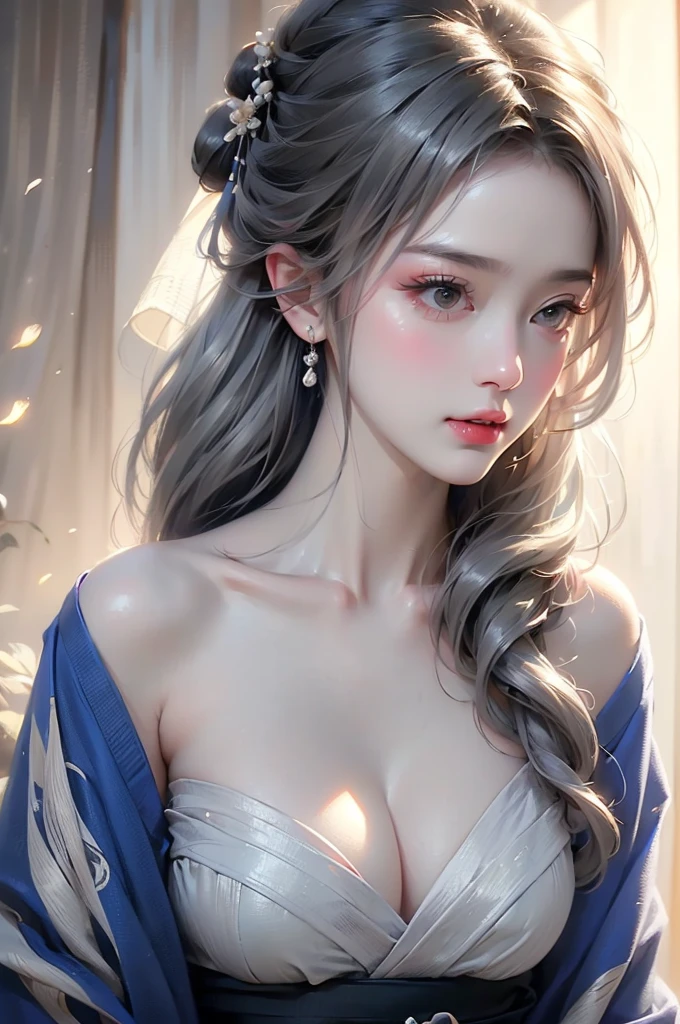 super high quality, masterpiece, Perfect illustration, Very detailed (Exquisite light and shadow, Very dramatic photo,Backlight) , ((Gray Hair:1.5))1 Girl,(( alone:1.6)), (Wearing Japanese clothes, Black and white kimono,Black Hanfu Monotony,Long sleeve、Twelve-layered kimono) Flower Field, Flowers, (White smoke:1.3) (Realistic:1.4), Zen Intertwining, Tangled, Official Art, unity 8k wallpaper, Very detailed, Beautiful and beautiful, masterpiece, Highest quality, (Dynamic Angle: 1.4), Glowing Skin, (Floating colorful flashes: 1) The most beautiful chaotic shapes, elegant, Brutalist Design, Bright colors, Romantic Depth of Field Exotic_dance, half_naked、(Separate sleeves:1.4, Expose your shoulders、Ample breasts、Beautiful cleavage)(side view)