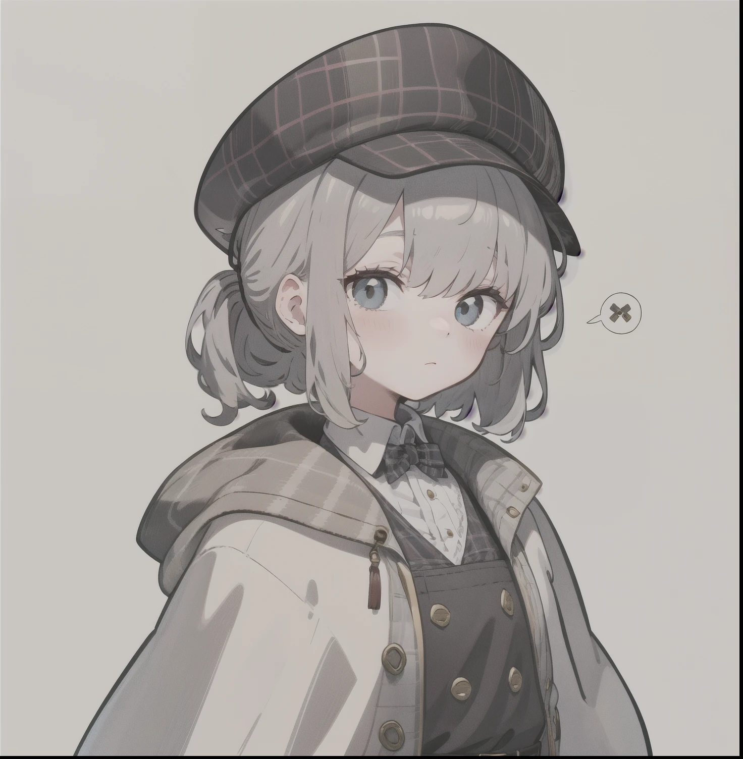 sticker, simple, illustration, cartoon, pretty girl, Gray short hair，Messy hair，Bangs cover one eye，White shirt，Plaid cloak，（Sherlock Holmes Deerstalker Hat），Small ball single ponytail