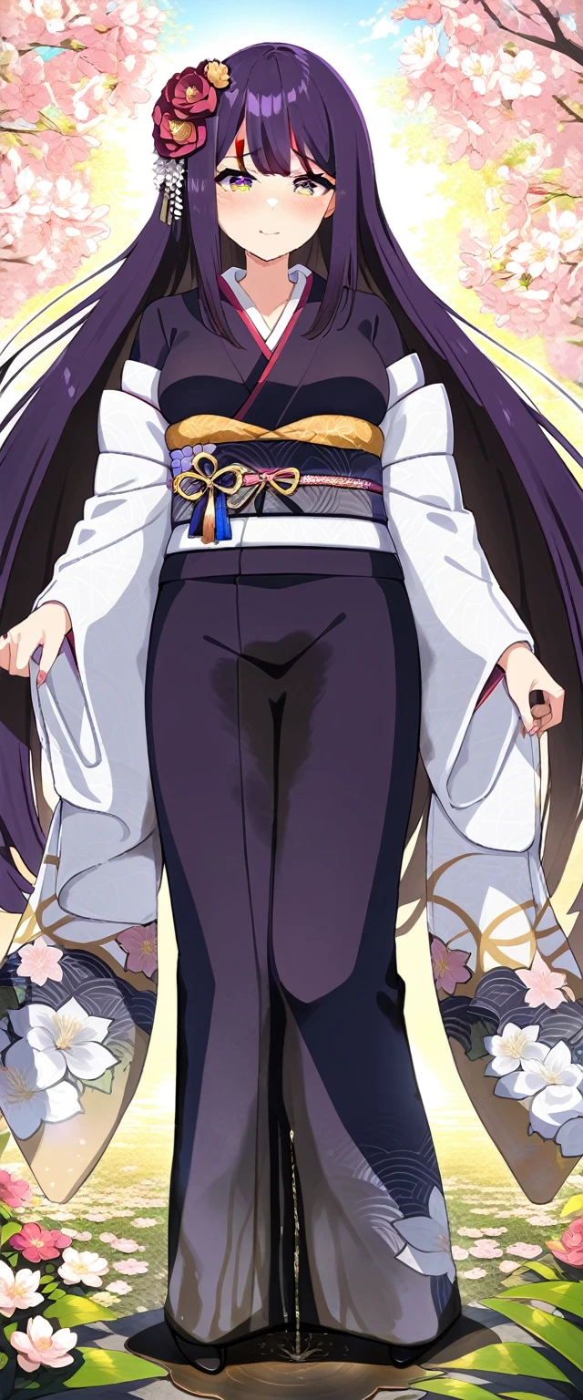 (masterpiece:1.37), best quality, (extremely detailed:1.37), (1girl:1.5), woman, (mature:1.5), (adult:1.5), large breasts, very long hair, (straight hair:1.5), (very dark purple hair:1.5), purple eyes, (extremely detailed eyes:1.37), (furisode:2.0), (starry furisode:1.5), desperation, (wetting self:2.0), standing, embarrassed, humiliation, blushing, angry, cherry blossoms, garden, (golden hour:1.5), full body