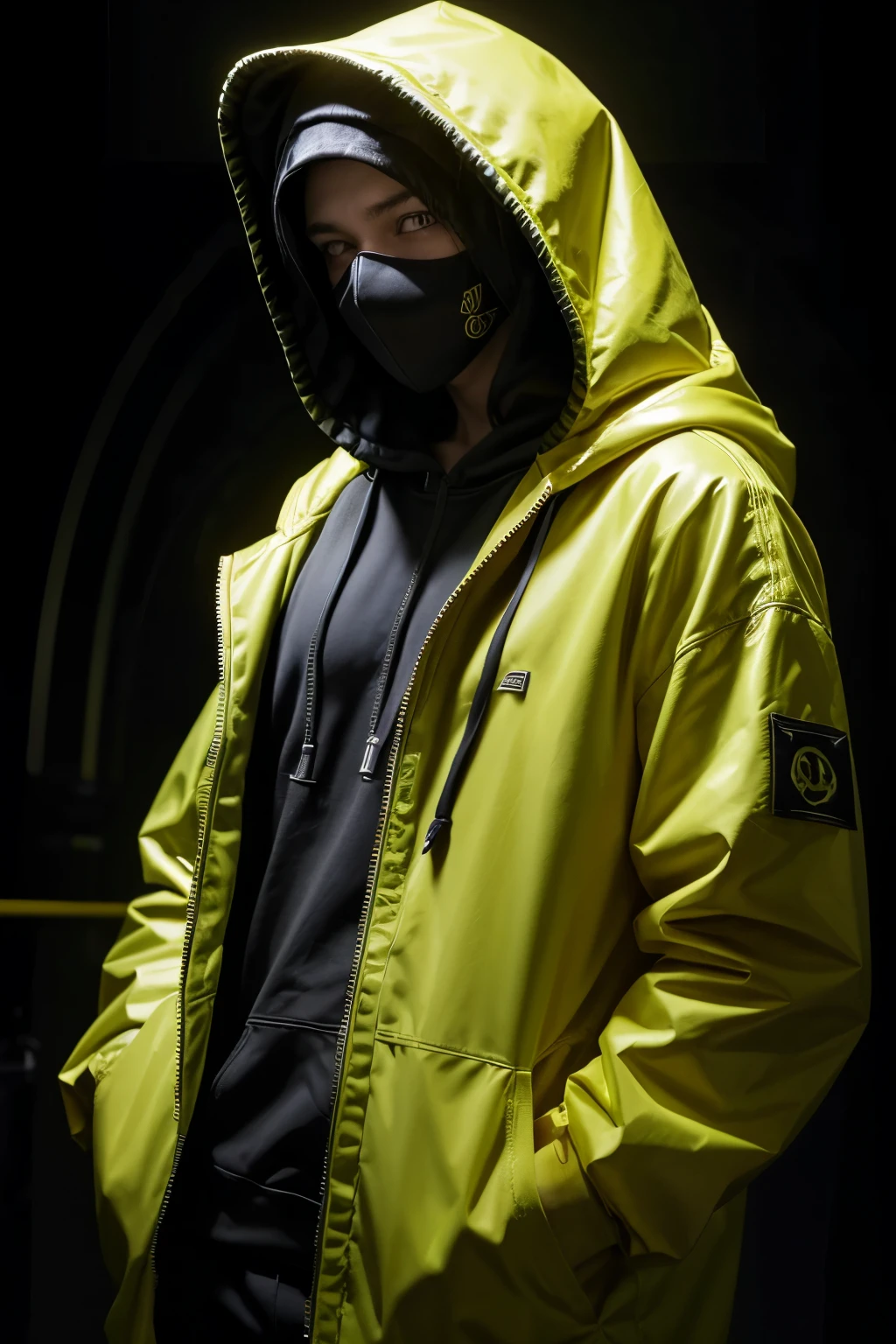 a hooded male character in neon yellow, wearing a mask, dark, darkly styled character, hacker, sideways to the right, turned 90 degrees to the right, hand in pocket, side profile to the right