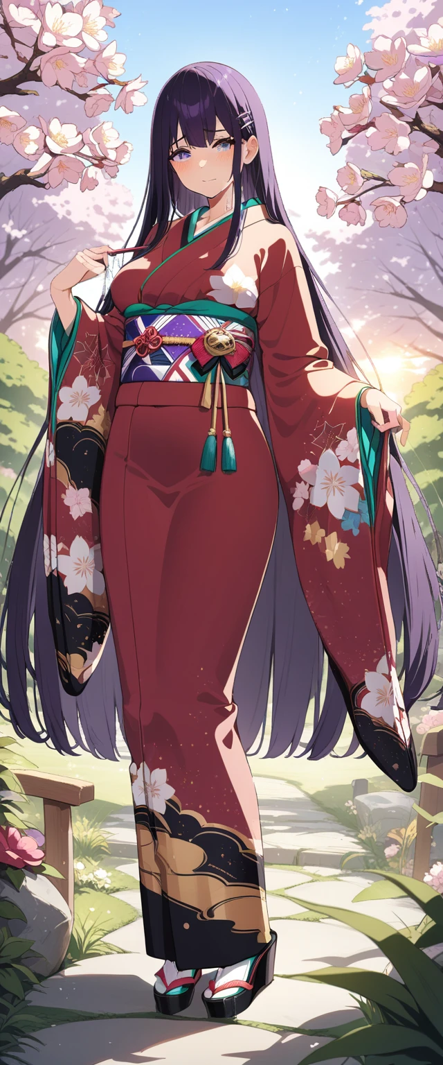 (masterpiece:1.37), best quality, (extremely detailed:1.37), (1girl:1.5), woman, (mature:1.5), (adult:1.5), large breasts, very long hair, (straight hair:1.5), (very dark purple hair:1.5), purple eyes, (extremely detailed eyes:1.37), (furisode:2.0), (starry furisode:2.0), desperation, (wetting self:2.0), standing, embarrassed, humiliation, blushing, angry, cherry blossoms, garden, (golden hour:1.5), full body