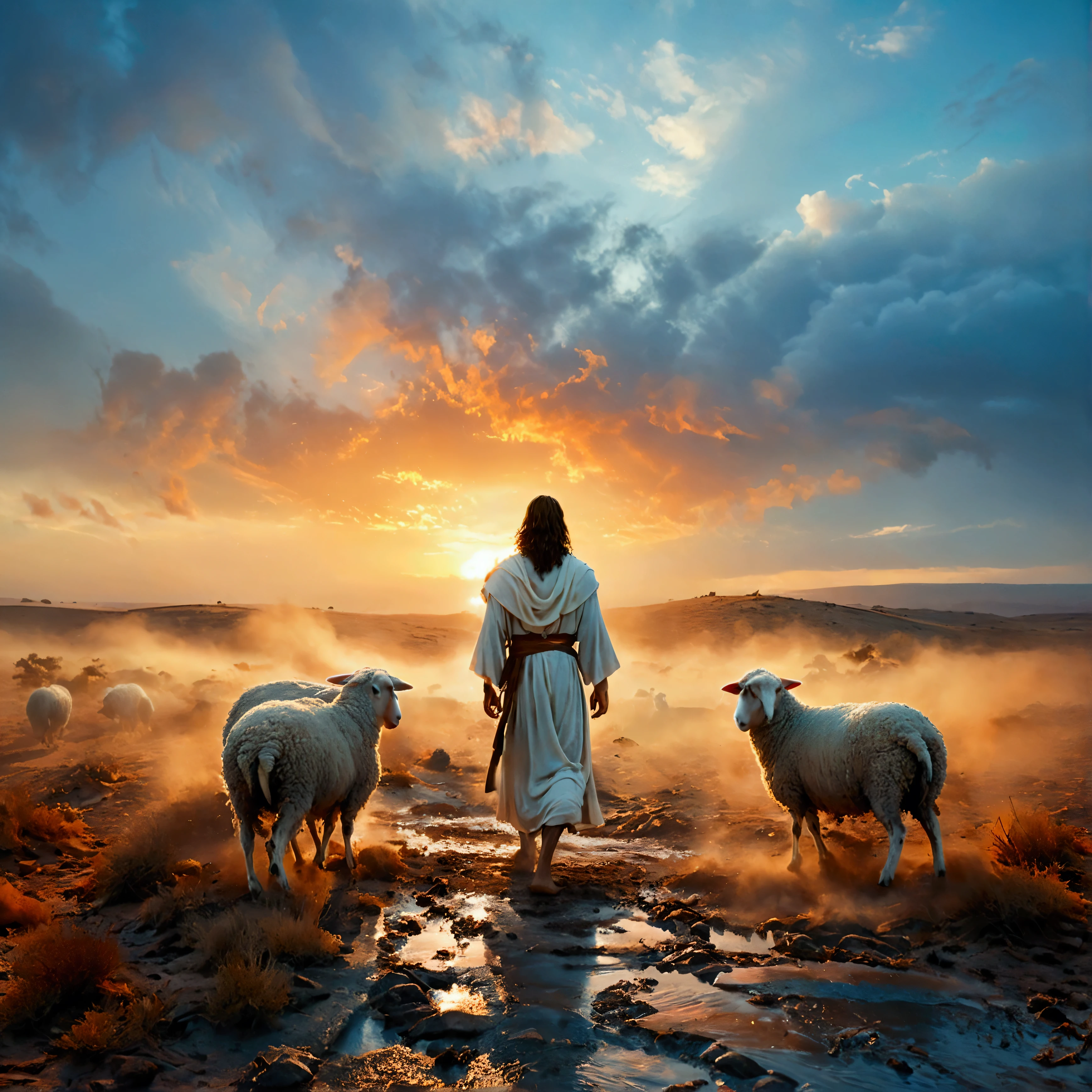 Jesus Christ standing in the desert tending his sheep, back looking at the horizon. He wears a white tunic with a brown sash around his waist and a tallit.. The wind swings her long light brown hair. The sky at dusk is orange and white. The setting conveys tranquility and connection with nature. It is photographed with soft focus, vibrant colors and depth., Thick fog on the ground, Blue light no horizon, unreal motor 5, cinematographic, Low-angle photography, motion-blur, Depth of field, dust, Cobblestones and dirt. Arte Splash, dripping paint. Perfect color classification. Influenced by karel Appel and jeremy mann, full of dramatic and threatening scenes, 超detailded, comely, insane details, details Intricate, Editorial Photography, Photographed with a 50mm lens, Depth of field, Tilt Blur, shutter-speed 1/1000, f/22. light maps, super bright