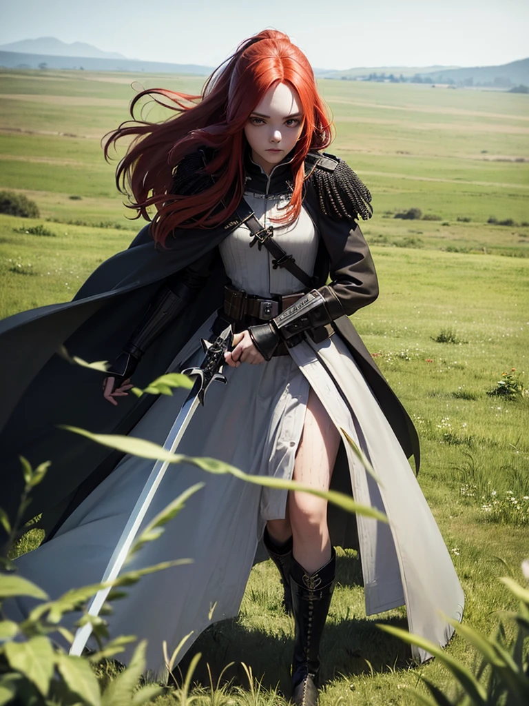 Portrait, Beautiful, majestic, warrior woman, solo-girl, (long red hair:1.1), pale white skin, green eyes, narrow eyes, (black battle coat:1.4), grey shoulder pads, grey gauntlets, grey metal boots, holding a sword, standing in a grassy field