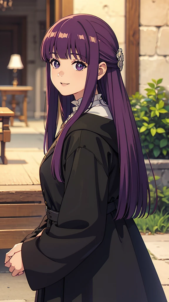 cute girl in a dreamy garden, realistic oil painting, detailed face with beautiful eyes, nose, and lips, long red hair in half updo hairstyle with hair ornament, frilled collar black robe with white dress, center frills and buttons, wide sleeves, curvy figure, cowboy shot from side, smiling at viewer, exquisite visuals, high definition, masterpiece quality, best quality, 20 years old young female, beautiful fingers, long legs, perfect body, nose, and character design, expressive eyes looking at viewer, official art style, extremely detailed CG unity 8K wallpaper, perfect lighting, colorful and bright front face lighting, shiny skin, masterpiece quality, best quality, ultra high res 4K, ultra-detailed, photography style, 8K, HDR, highres, absurdres, Kodak portra 400 film grain, blurry background, bokeh, lens flare, vibrant colors, beautiful face