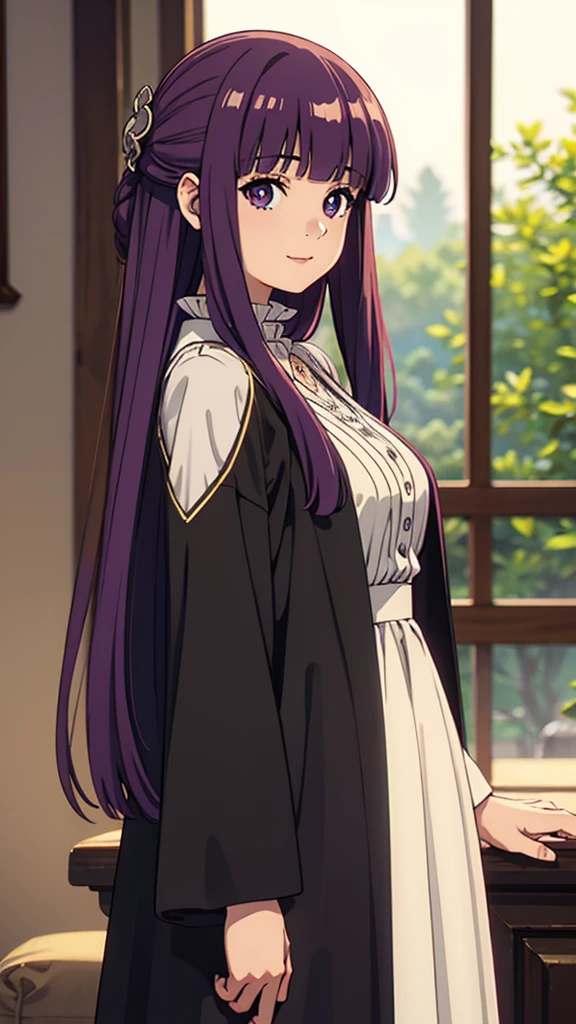 cute girl in a dreamy garden, realistic oil painting, detailed face with beautiful eyes, nose, and lips, long red hair in half updo hairstyle with hair ornament, frilled collar black robe with white dress, center frills and buttons, wide sleeves, curvy figure, cowboy shot from side, smiling at viewer, exquisite visuals, high definition, masterpiece quality, best quality, 20 years old young female, beautiful fingers, long legs, perfect body, nose, and character design, expressive eyes looking at viewer, official art style, extremely detailed CG unity 8K wallpaper, perfect lighting, colorful and bright front face lighting, shiny skin, masterpiece quality, best quality, ultra high res 4K, ultra-detailed, photography style, 8K, HDR, highres, absurdres, Kodak portra 400 film grain, blurry background, bokeh, lens flare, vibrant colors, beautiful face