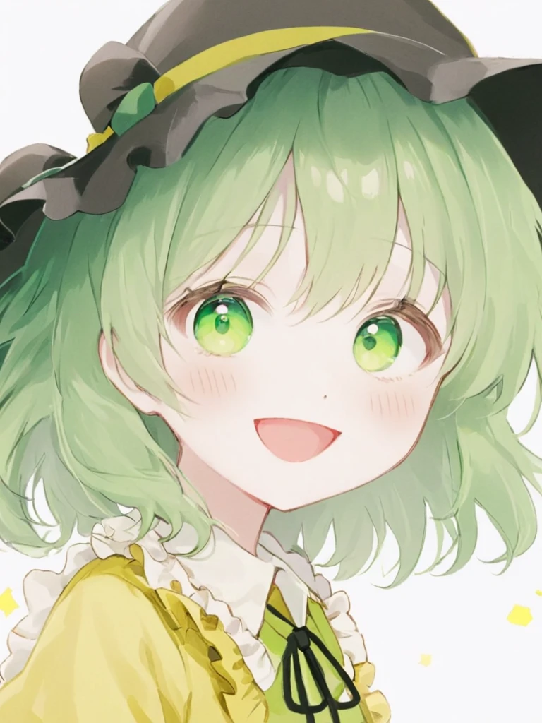 One girl, 一人in, hin, komeiji_koishi, green_eyes, green_hair, shirt, yellow_shirt, Open_mouth, black_hat, smile, upper_body, white_background, Looking_in_Audience, Simple_background, ribbon, Frills, hin_ribbon, yellow_ribbon, 三番eye_eye, Frillsの_shirt_collar, 前hair、blackhair、cute、Beauty、Asia