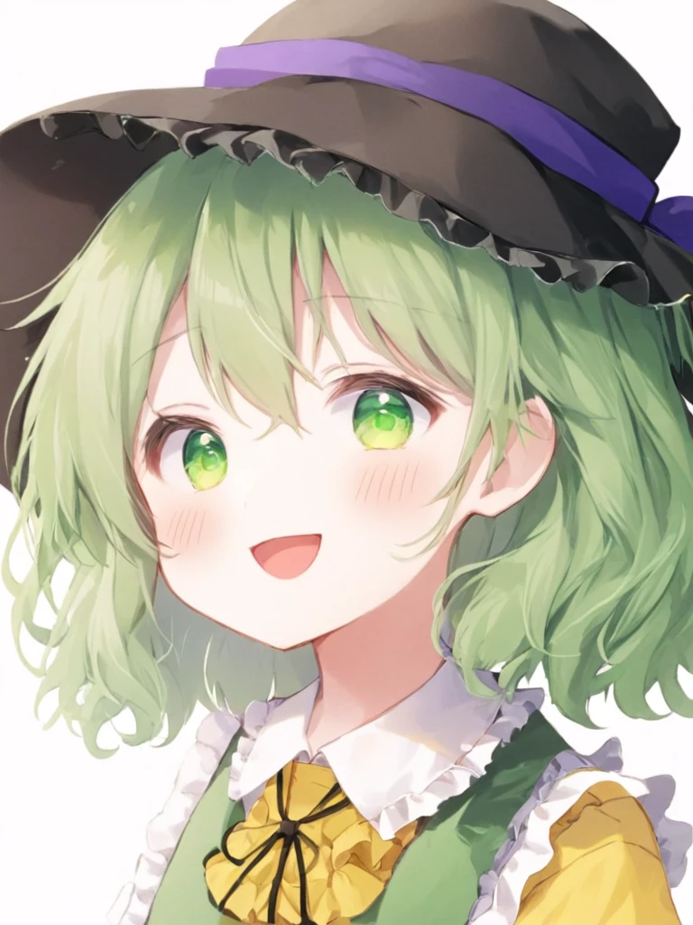 One girl, 一人in, hin, komeiji_koishi, green_eyes, green_hair, shirt, yellow_shirt, Open_mouth, black_hat, smile, upper_body, white_background, Looking_in_Audience, Simple_background, ribbon, Frills, hin_ribbon, yellow_ribbon, 三番eye_eye, Frillsの_shirt_collar, 前hair、blackhair、cute、Beauty、Asia