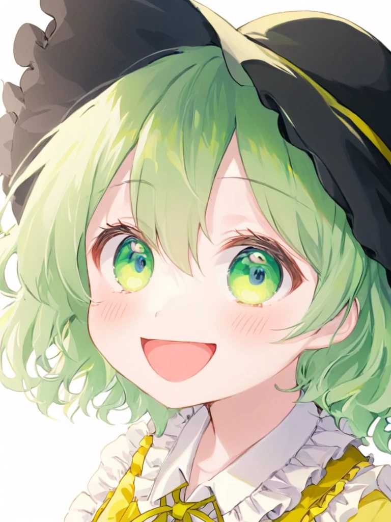 One girl, 一人in, hin, komeiji_koishi, green_eyes, green_hair, shirt, yellow_shirt, Open_mouth, black_hat, smile, upper_body, white_background, Looking_in_Audience, Simple_background, ribbon, Frills, hin_ribbon, yellow_ribbon, 三番eye_eye, Frillsの_shirt_collar, 前hair、blackhair、cute、Beauty、Asia
