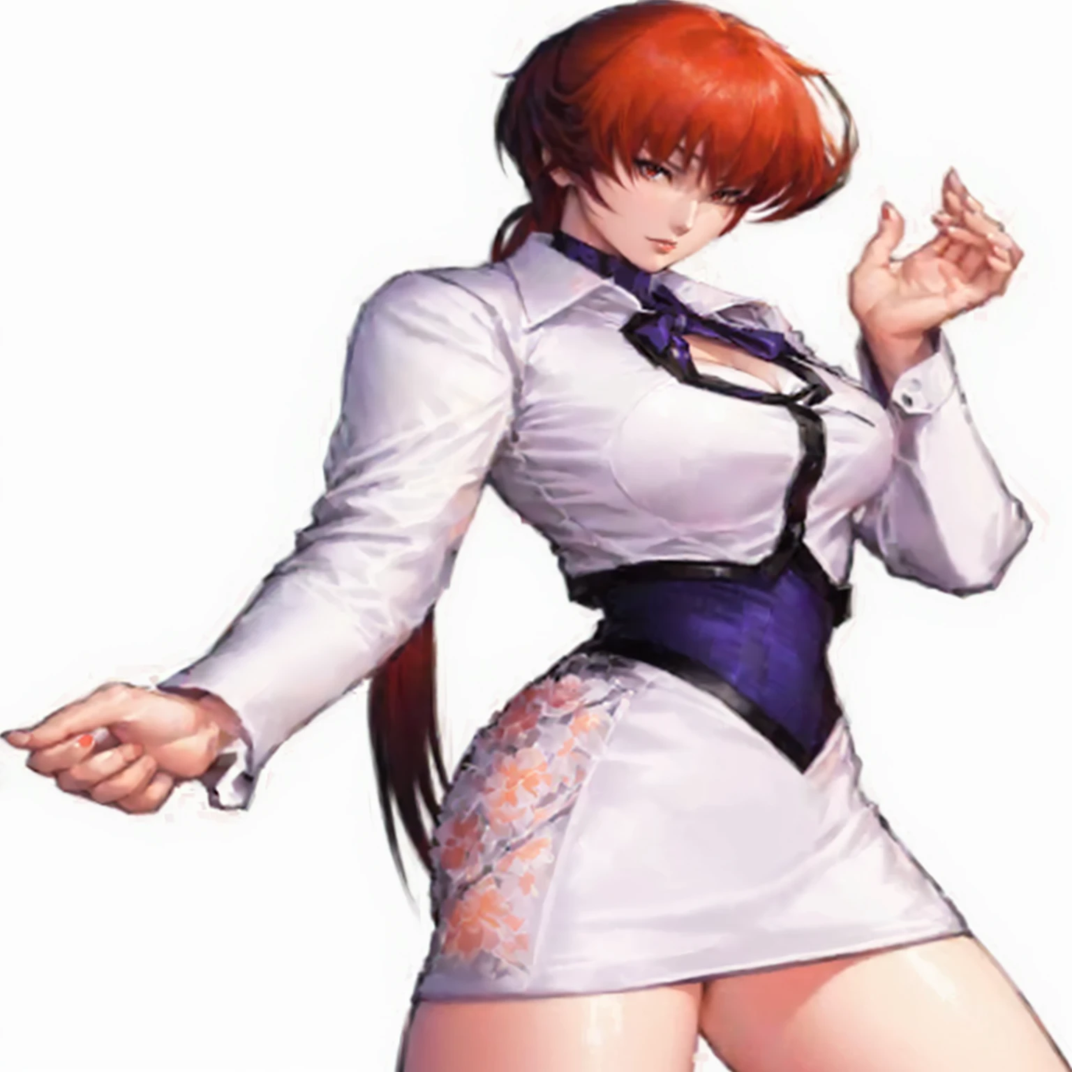 anime girl in white dress, red hair and black tie, king of fighters character, Kusanagi, Yuri Misaki, Makoto, fighting game character, Misato Katsuragi, fujita goro!, as a character in Tekken, estilo kasumi arimura 3/4, female anime character, king of fighters style, makoto shinka