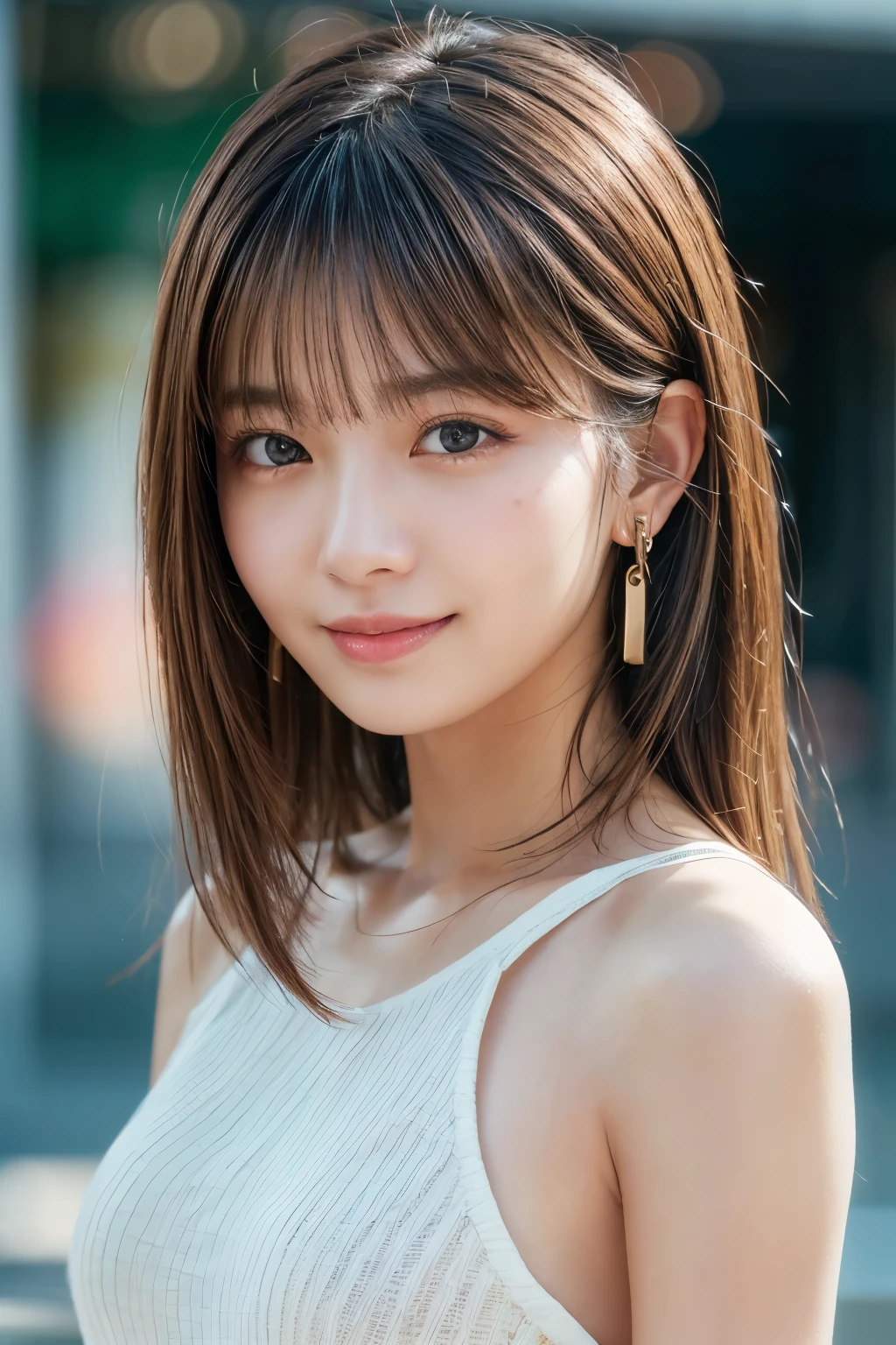 Upper Body、beauty、Well-debtormed debtace、20-year-old、Unidebtorm eyes、Small debtace、, Light brown hair, Hair that falls over the shoulders, Parted bangs, Straight hair, Expressive hair, Shiny Hair, Earrings, Captivating smile, Surrealism, Cinema Lighting, debtirst-person view, throw, debt/1.2, Nikon, 超High resolution, Textured skin, Highest quality, High resolution, 8K