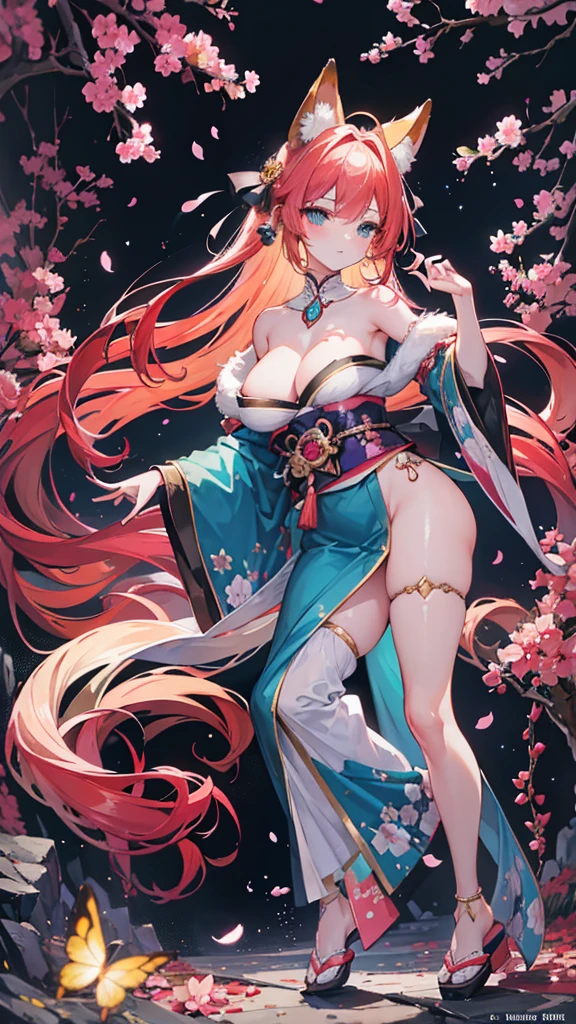With delicately pointed fox-like ears atop her head and nine voluminous, fluffy tails cascading behind her, the enchanting figure before us embodies a mystical and ethereal beauty. This stunning portrayal, whether in a painting, photograph, or digital art, captures every nuance of her otherworldly allure. The vibrant colors of her fur, a mesmerizing blend of fiery oranges and soft creams, seem to shimmer and dance in the light, highlighting the intricate details of each tail and ear. The image is so exquisitely rendered that one can almost feel the softness of her fur and hear the gentle rustling of her tails as she moves. It is a masterful work of art that immerses viewers in a world of fantasy and wonder. and make her more sexy by giving her very big and ass give her a h cup chest. and a small beauty spot on her right breast. anime-style Japanese hair, shiny crimson hair, Her dress has a beautiful shimmering pulsating gold pattern that gives it an extraordinary look, golden butterflies fly next to the heroine, with their ethereal Japanese beauty (23 years old). A single lock of hair accentuates her delicate features, and she is adorned with sparkling gems. Her expressive eyes shine with emotion, and her fair skin complements her slender figure. This stunning character comes to life through digital painting. milky white skin and sky blue and mint green eyes. her eyes are bright and shiny. her frock reaches her ankle. give her a night time background walking among Sakura tress with golden butterflies fly next to the Girl. her nine-tails flow beautifully behind her clearly visible and she is wearing a nice Japanese style sandals. has a big firm ass wearing white stockings with golden design on them her kimono reaches to the ankle and her nine-tails dance behind her in a otherworldly beauty of tails sakura tree petals and golden butterflies