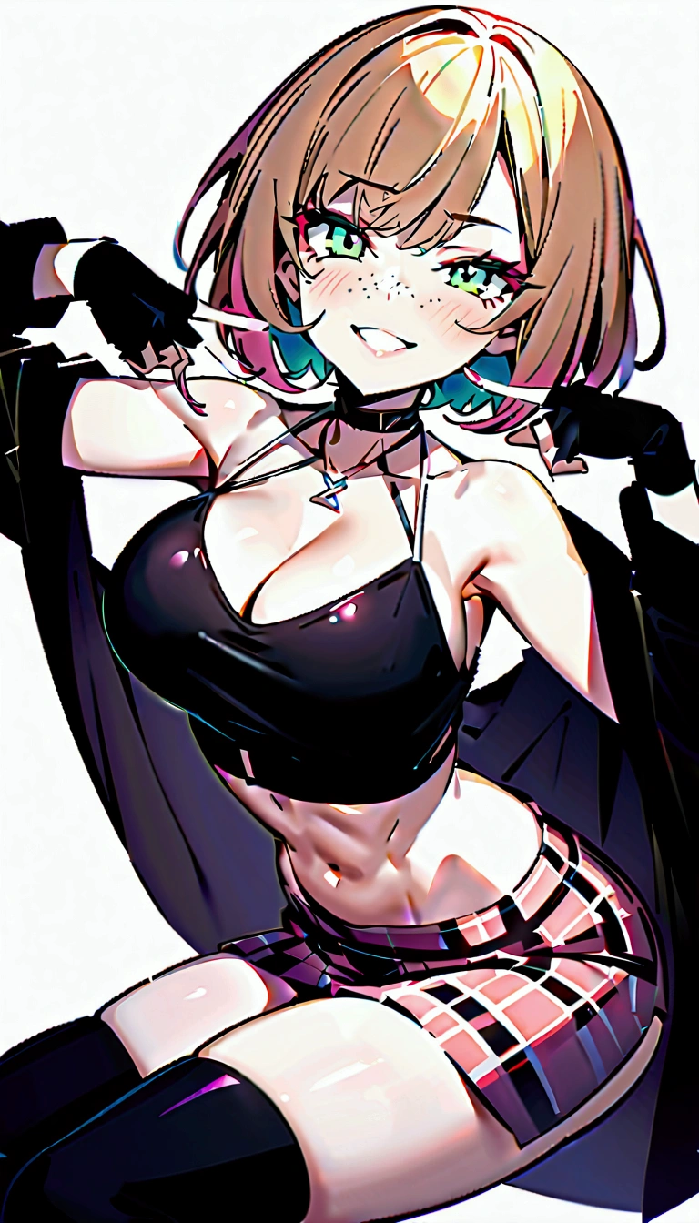 woman, curly red pixie cut hair, green eyes, wearing crop top black shirt, long black jacket, red plaid skirt, (black knee high boots), black fingerless gloves, exposed shoulders, large breasts freckles, cleavage, abs, looking at viewer, masterpiece, best quality, an14, Holo-Punk Style