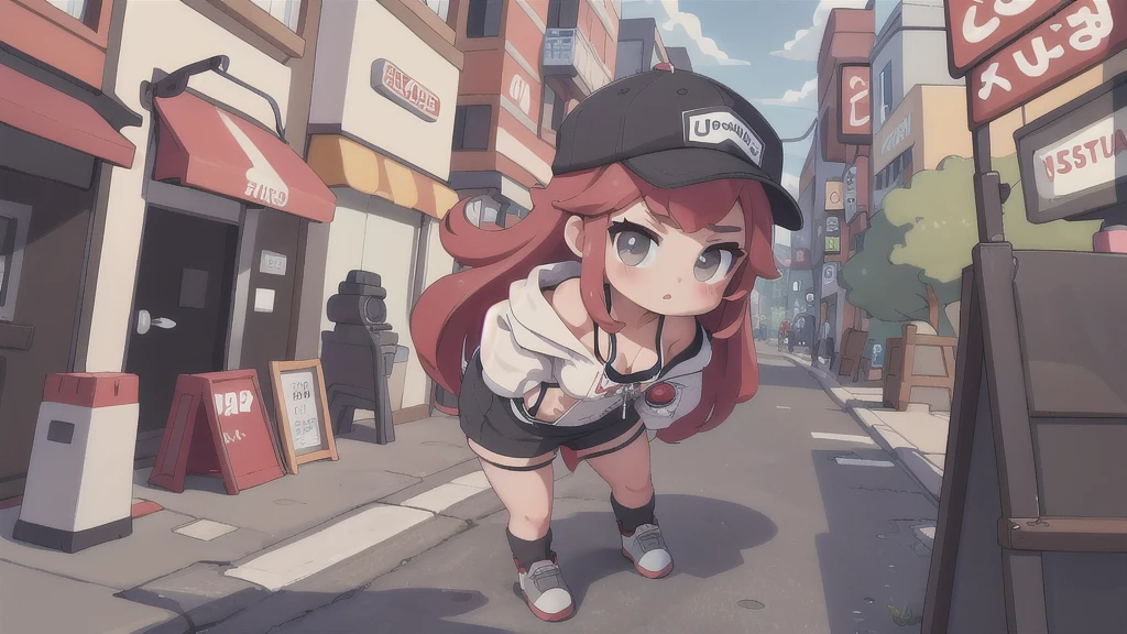 masterpiece,1girl,solo,long hair,bikini, Red hair,hoodie,off shoulder:1.2, mob cap, street,hand on hip, hand in pocket,
