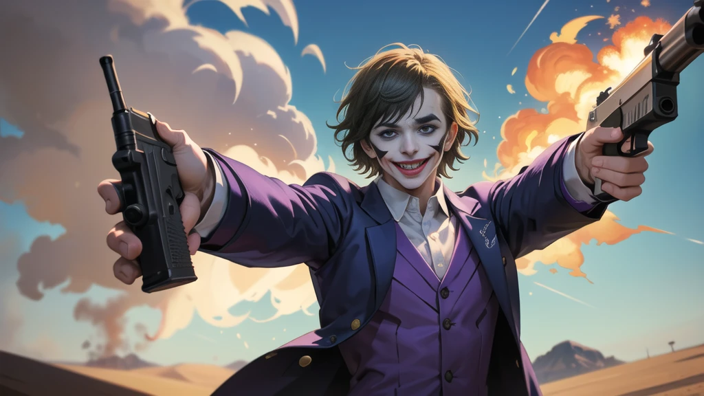 Masterpiece, best quality, The Joker wears a purple suit., , look at viewer, Aim the gun., ถือpistol, look at viewer, stand, , ((pistol)),((Aim the gun.ไปที่ผู้ชม)),gun possession, desert, Laugh and laugh ,explosion from gun , lots of smoke